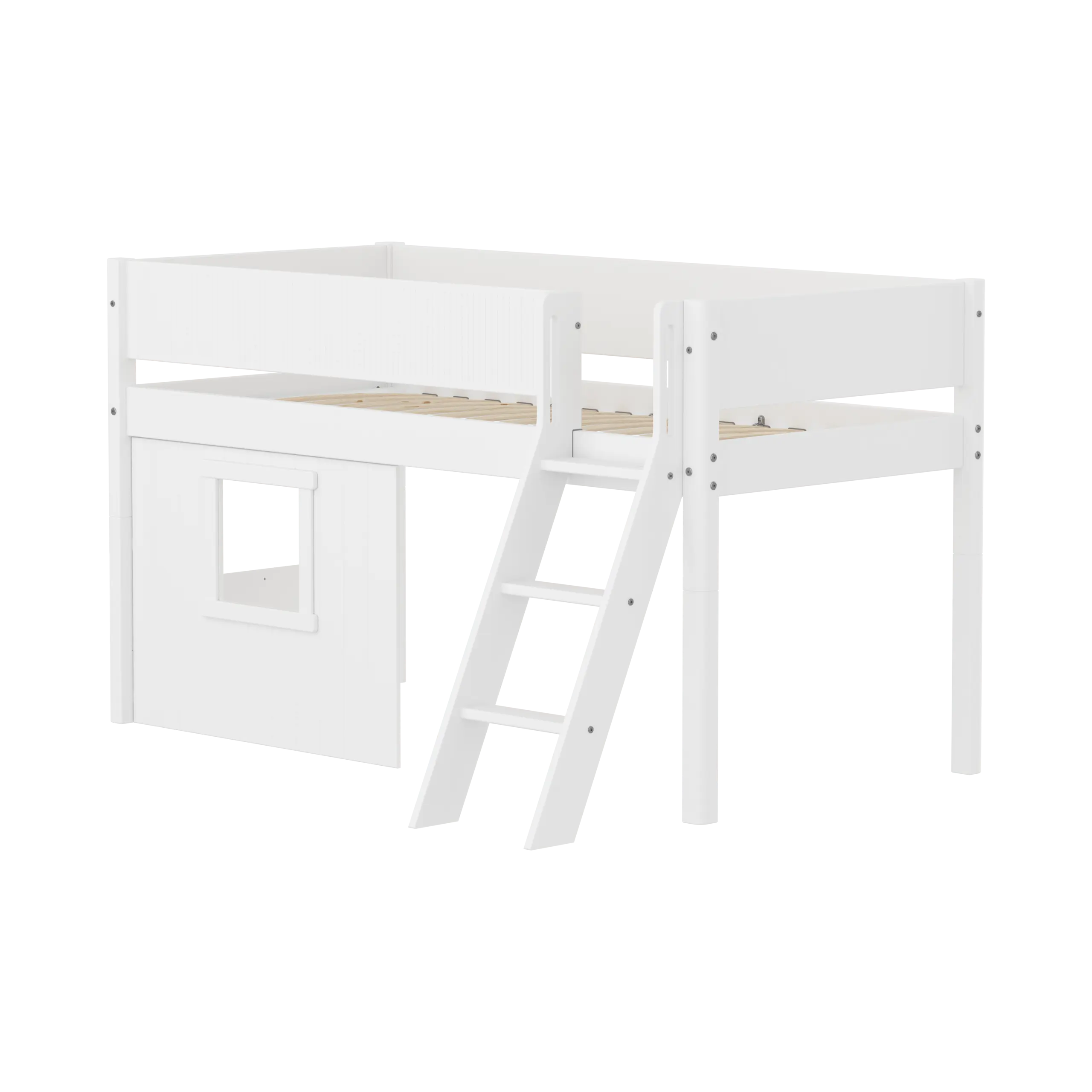 High Bed 120 cm with Treehouse, Ladder and Safety Rail, 90x200, White