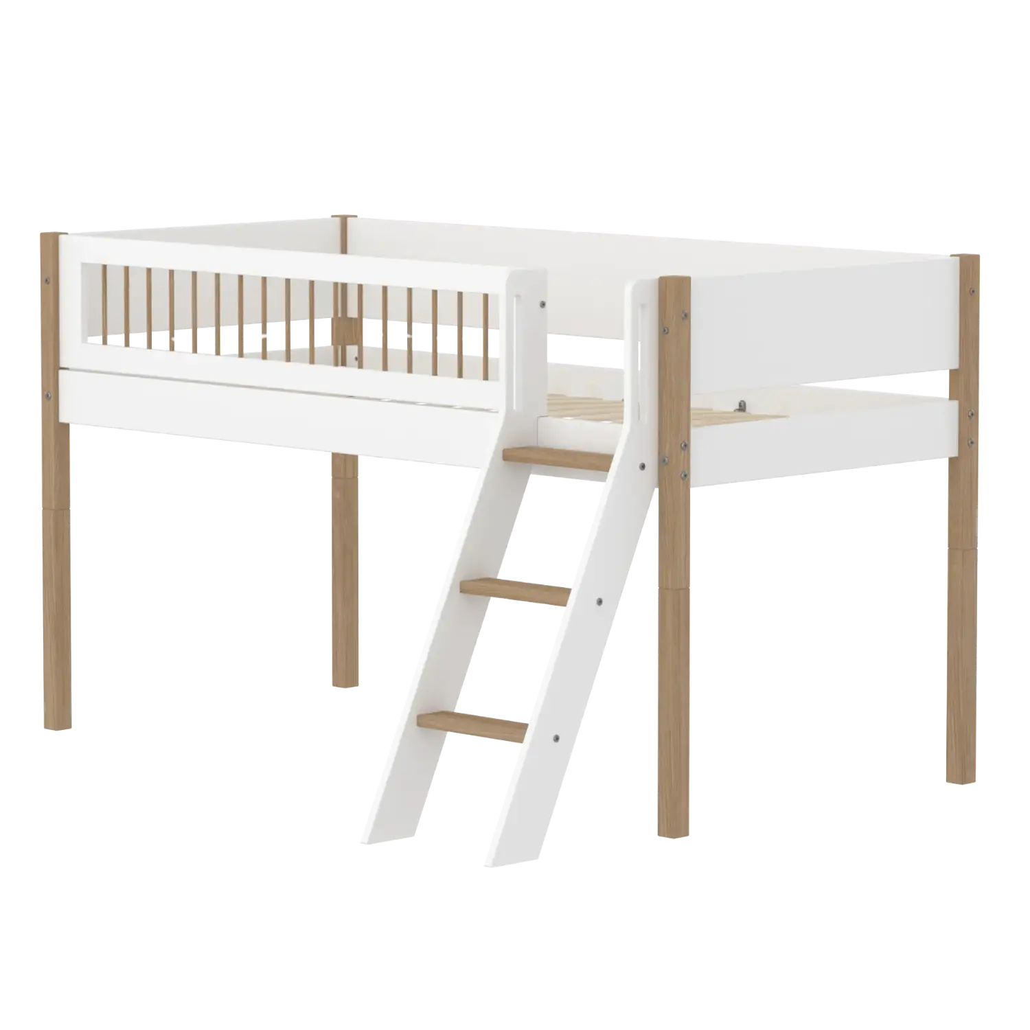 High Bed 120 cm with Ladder and Safety Rail, 90x200 cm, White/Oak