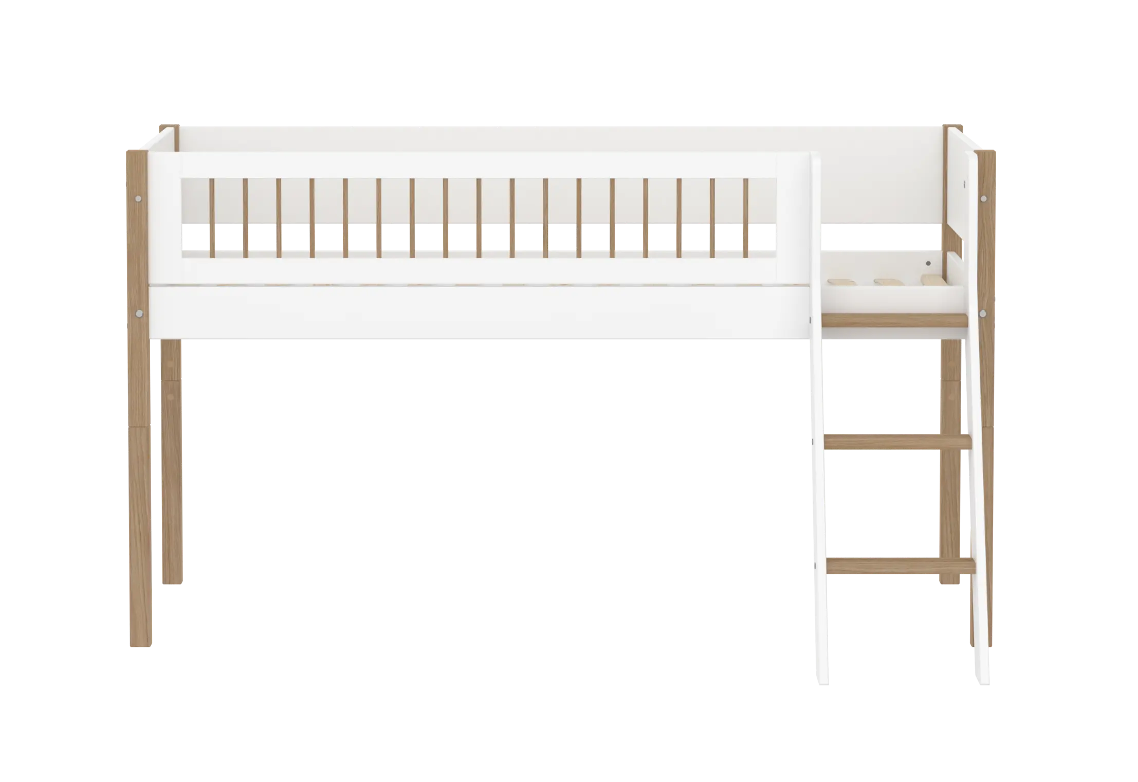 High Bed 120 cm with Ladder and Safety Rail, 90x200 cm, White/Oak - Image 2