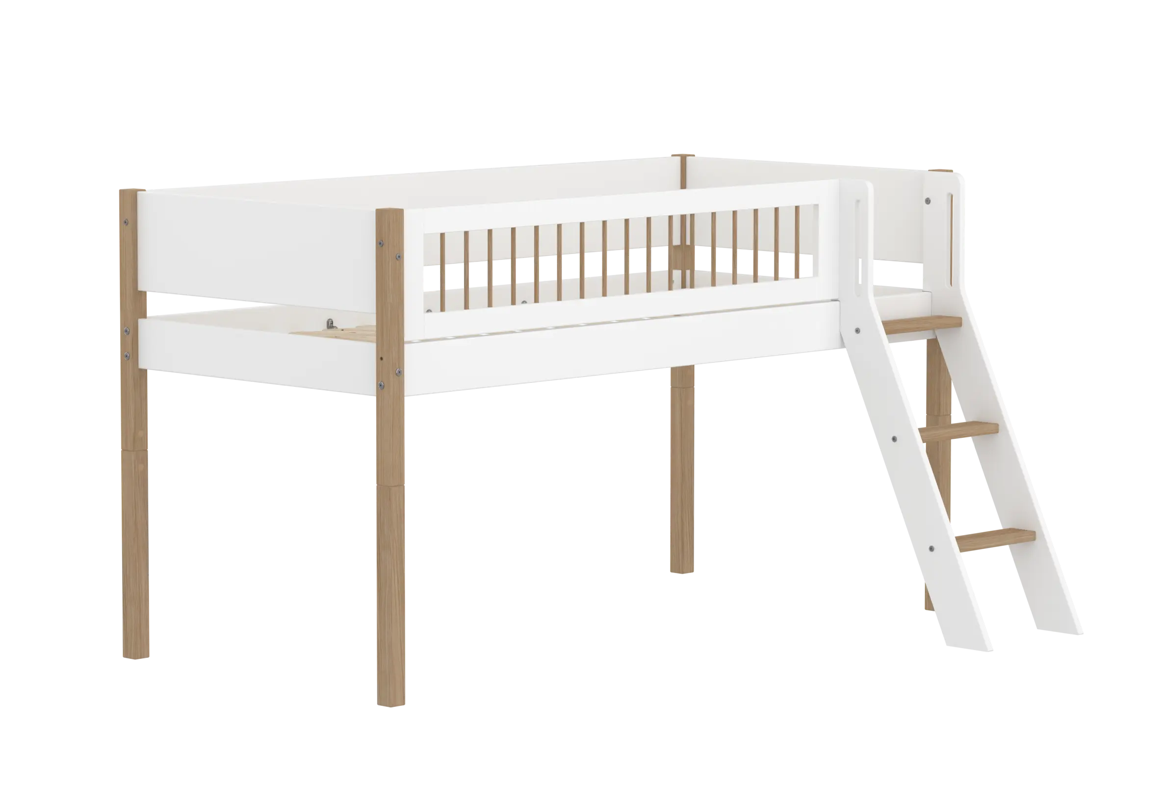 High Bed 120 cm with Ladder and Safety Rail, 90x200 cm, White/Oak - Image 3