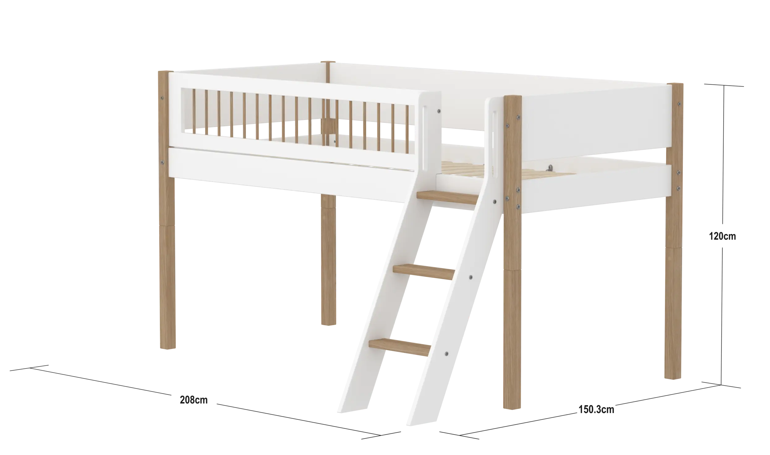 High Bed 120 cm with Ladder and Safety Rail, 90x200 cm, White/Oak - Image 4