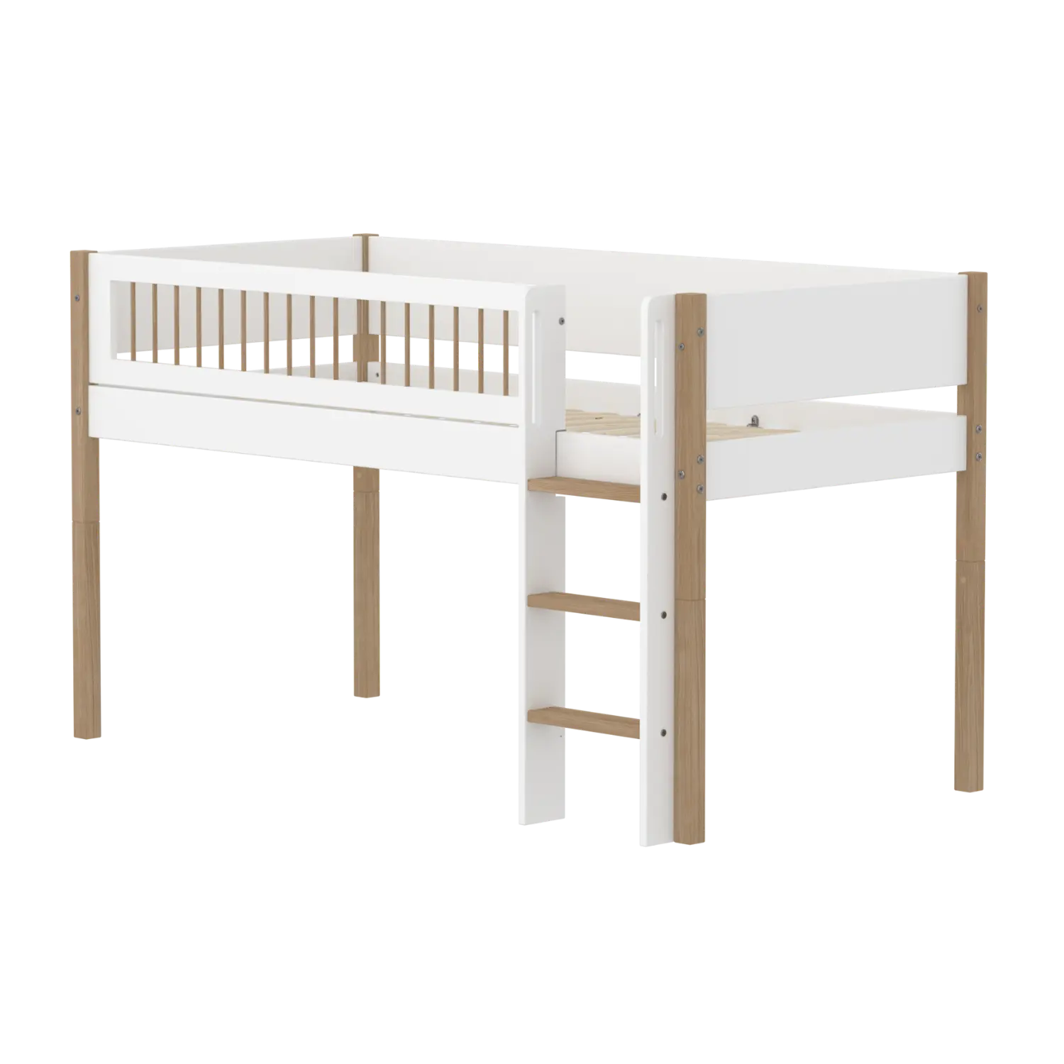 High Bed 120 cm with Ladder and Safety Rail, 90x200 cm, White/Oak