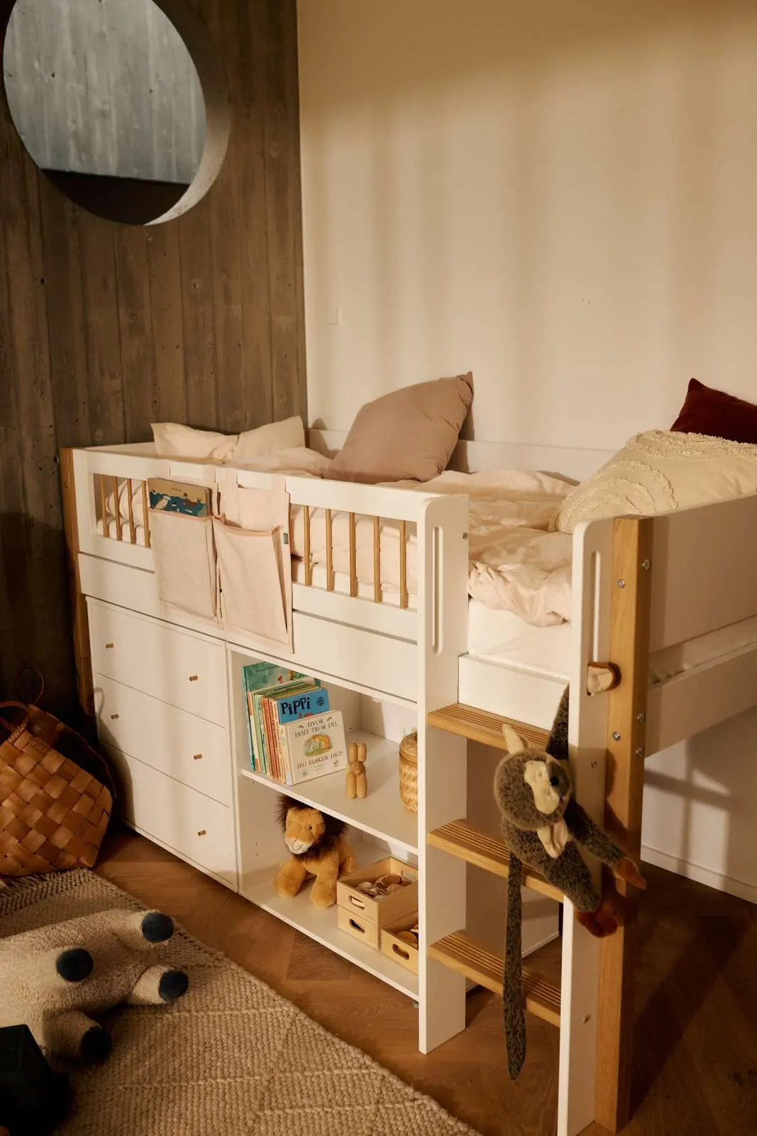 High Bed 120 cm with Ladder and Safety Rail, 90x200 cm, White/Oak - Image 10