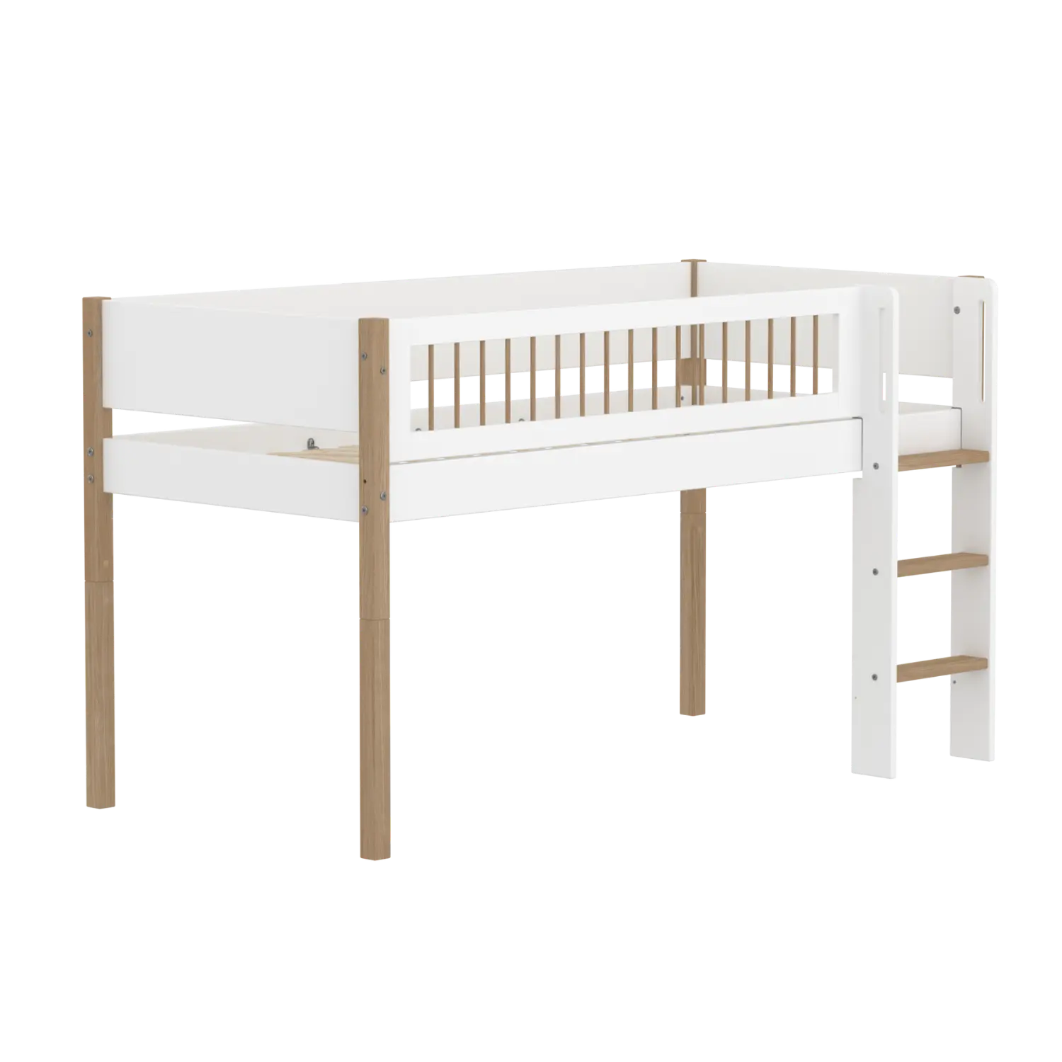 High Bed 120 cm with Ladder and Safety Rail, 90x200 cm, White/Oak - Image 13