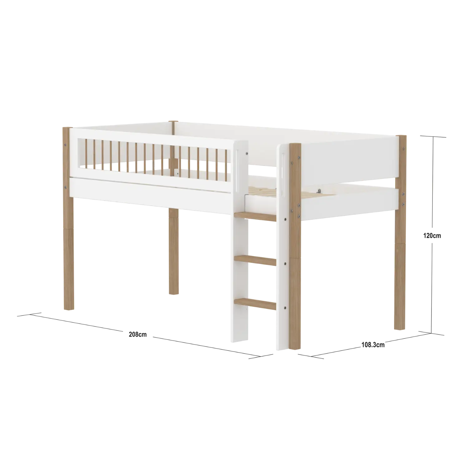 High Bed 120 cm with Ladder and Safety Rail, 90x200 cm, White/Oak - Image 14