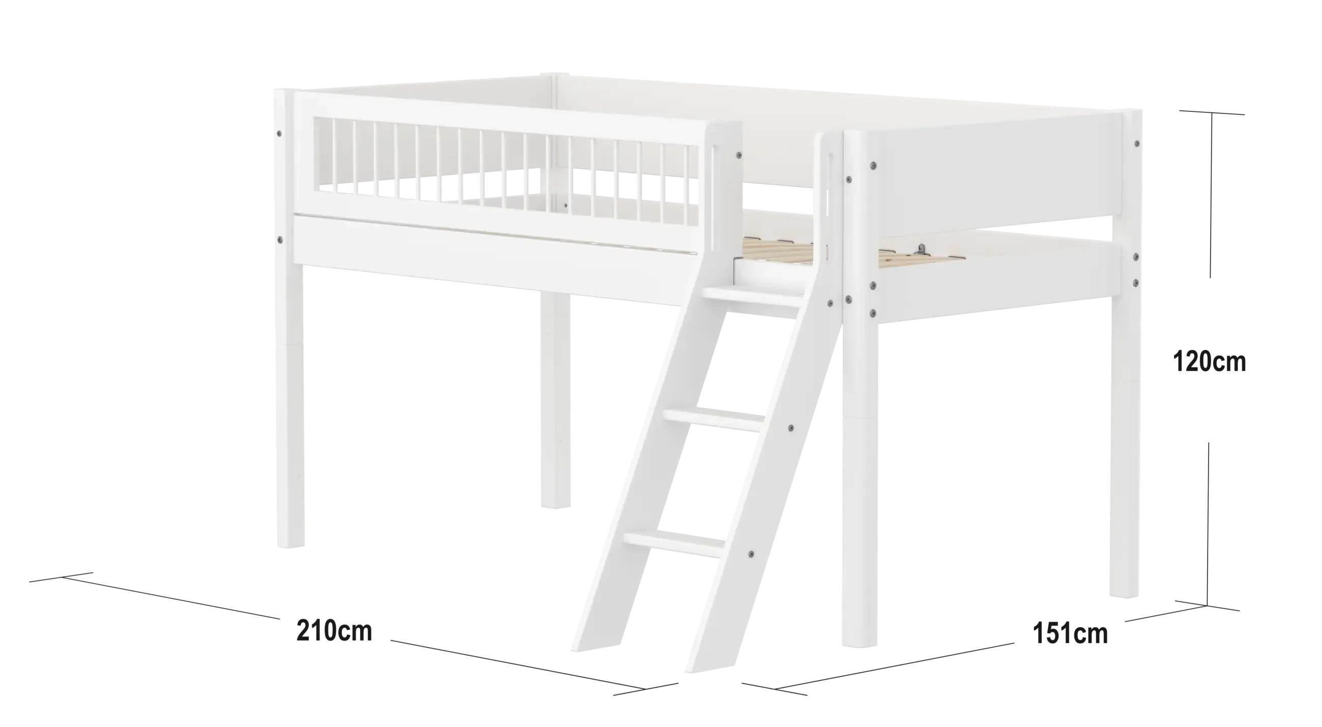 High Bed 120 cm with Ladder and Safety Rail, 90x200 cm, White - Image 2