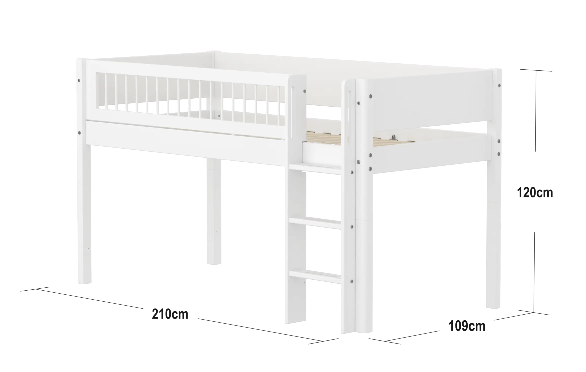 High Bed 120 cm with Ladder and Safety Rail, 90x200 cm, White - Image 4