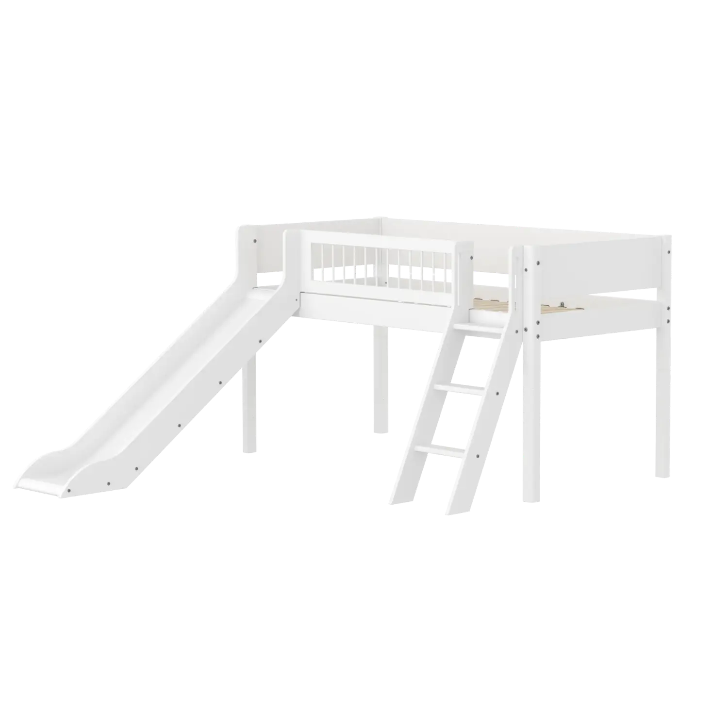 High Bed 120 cm with Slide, Ladder and Safety Rail, 90x200 cm, White