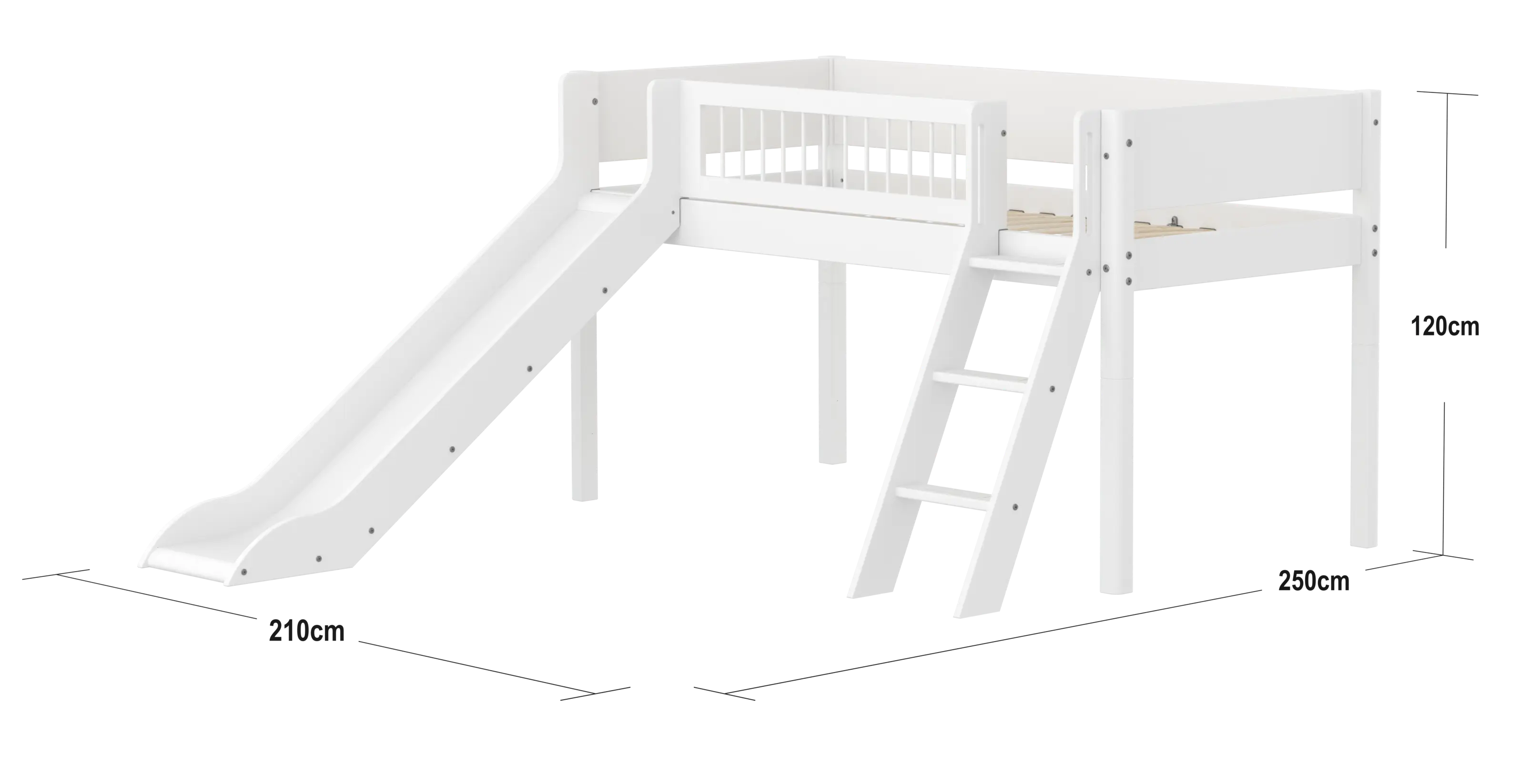 High Bed 120 cm with Slide, Ladder and Safety Rail, 90x200 cm, White - Image 4