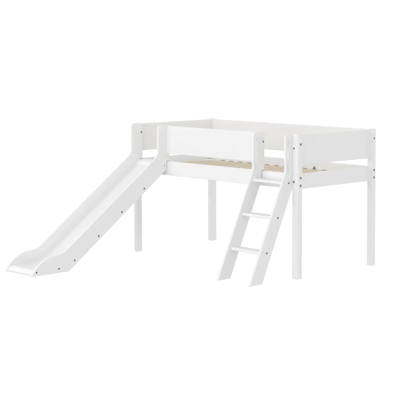 High Bed 120 cm with Slide, Ladder and Safety Rail, 90x200 cm, White