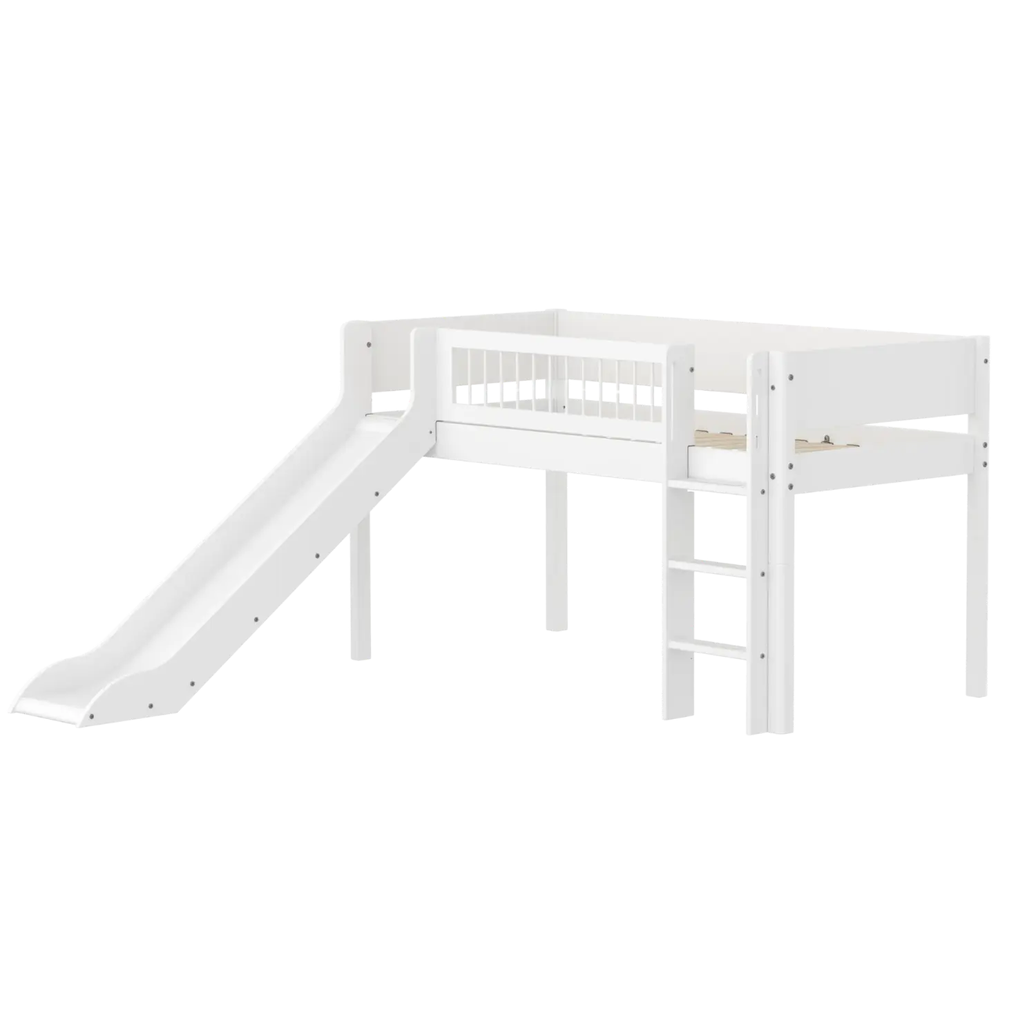 High Bed 120 cm with Slide, Ladder and Safety Rail, 90x200 cm, White