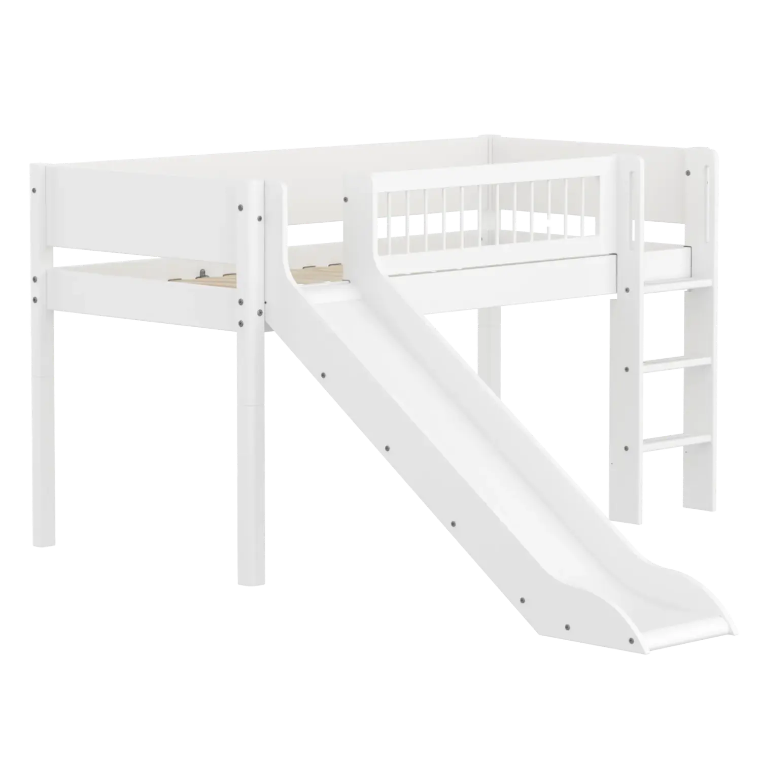 High Bed 120 cm with Slide, Ladder and Safety Rail, 90x200 cm, White - Image 3