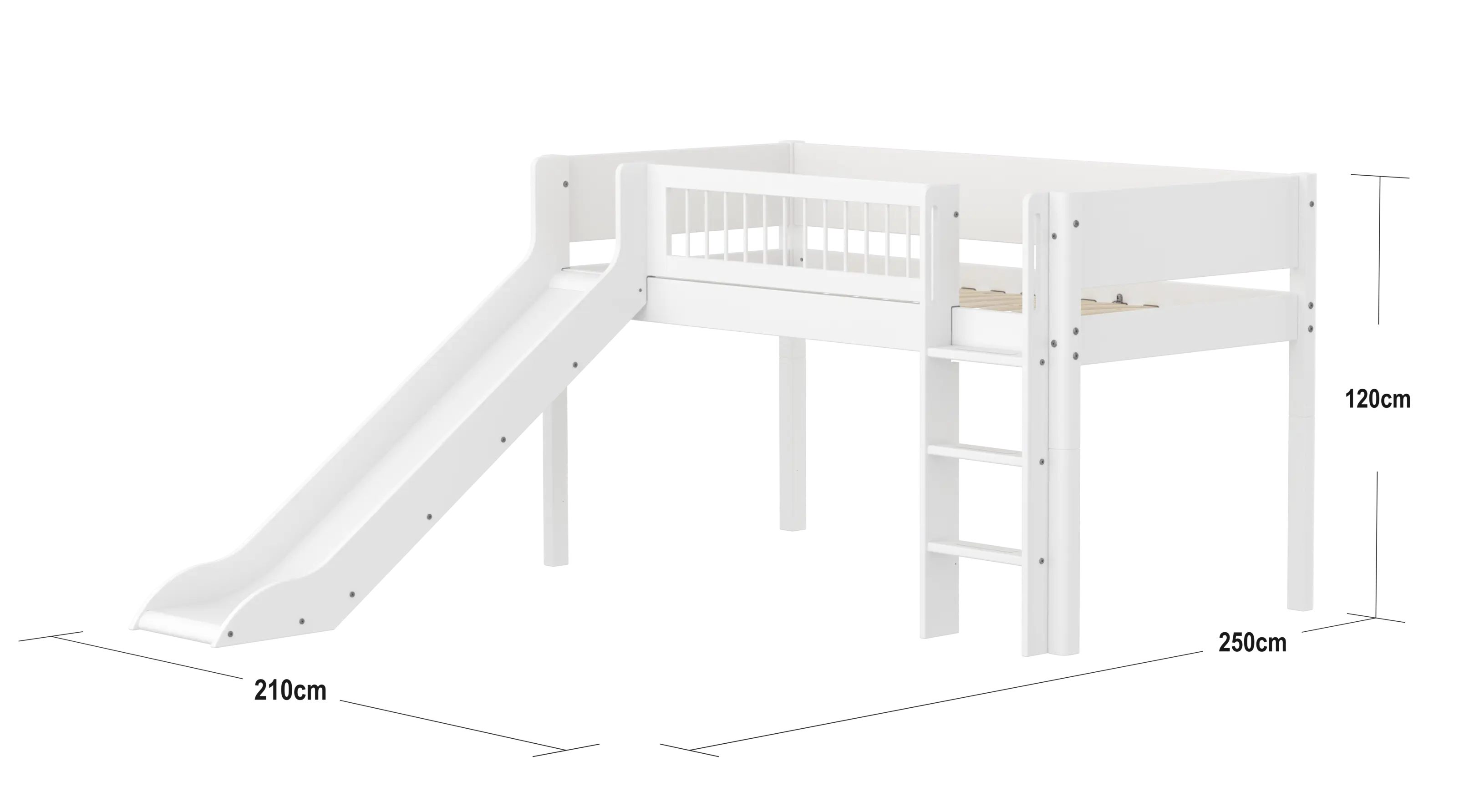 High Bed 120 cm with Slide, Ladder and Safety Rail, 90x200 cm, White - Image 4