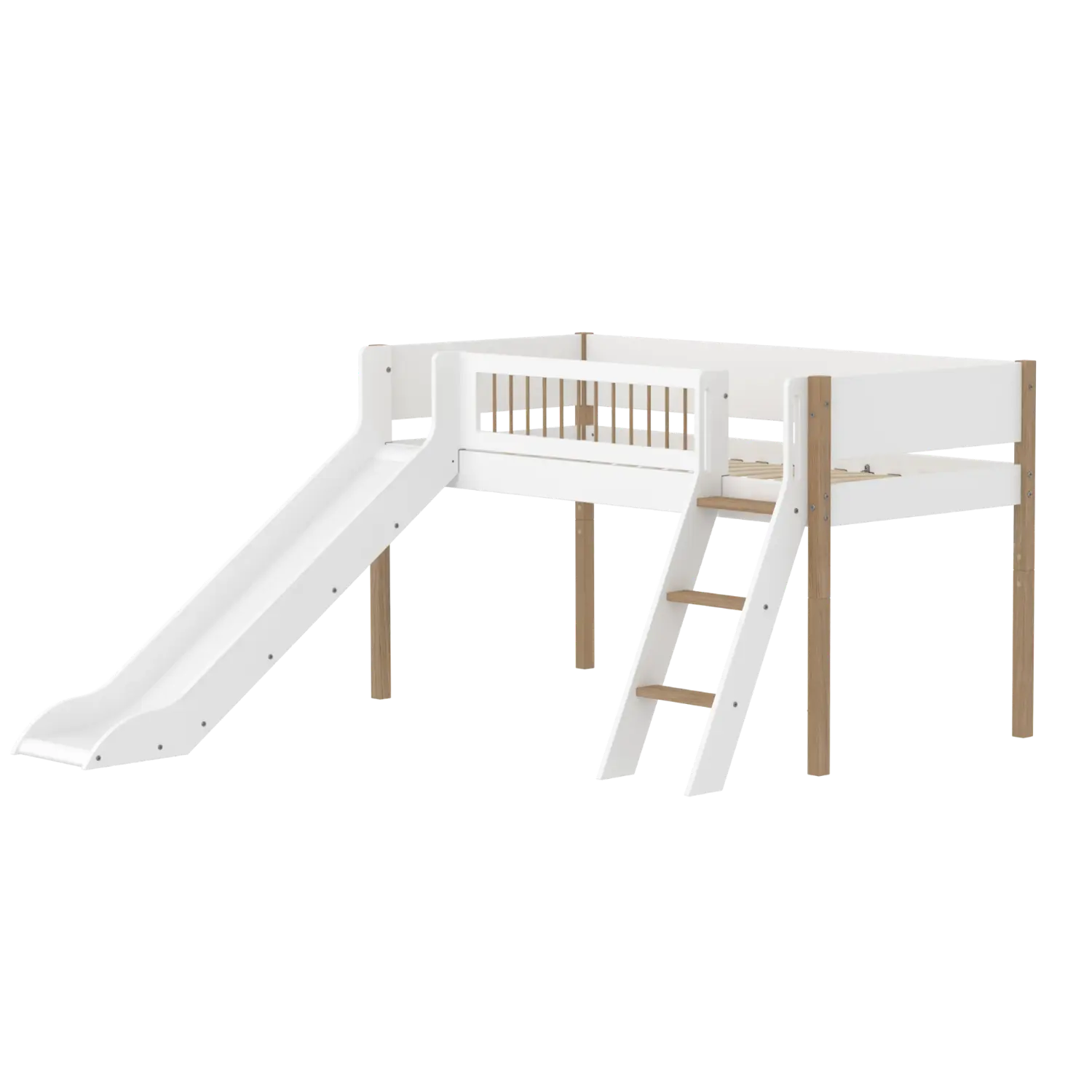 High Bed 120 cm with Slide, Ladder and Safety Rail, 90x200 cm, White/Oak