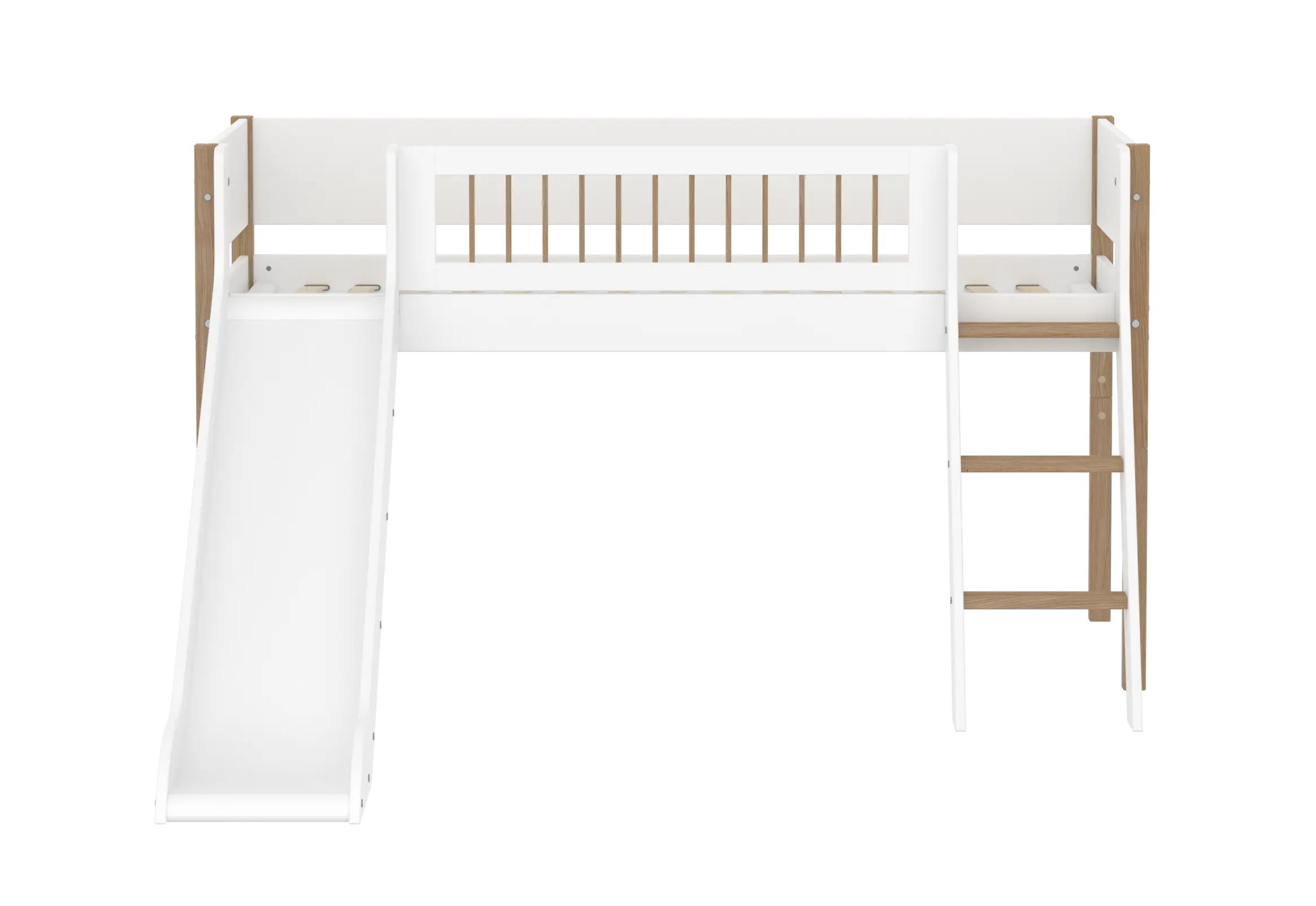 High Bed 120 cm with Slide, Ladder and Safety Rail, 90x200 cm, White/Oak - Image 2