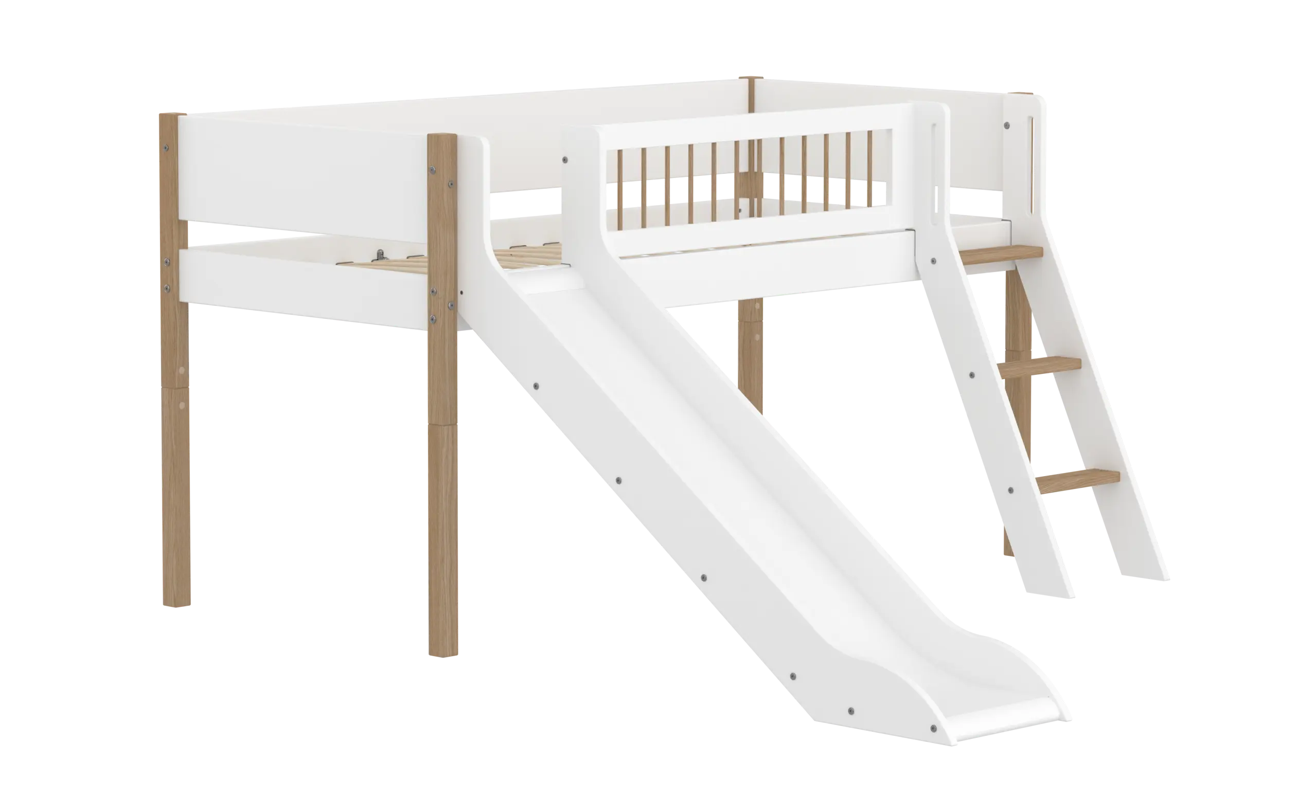 High Bed 120 cm with Slide, Ladder and Safety Rail, 90x200 cm, White/Oak - Image 3
