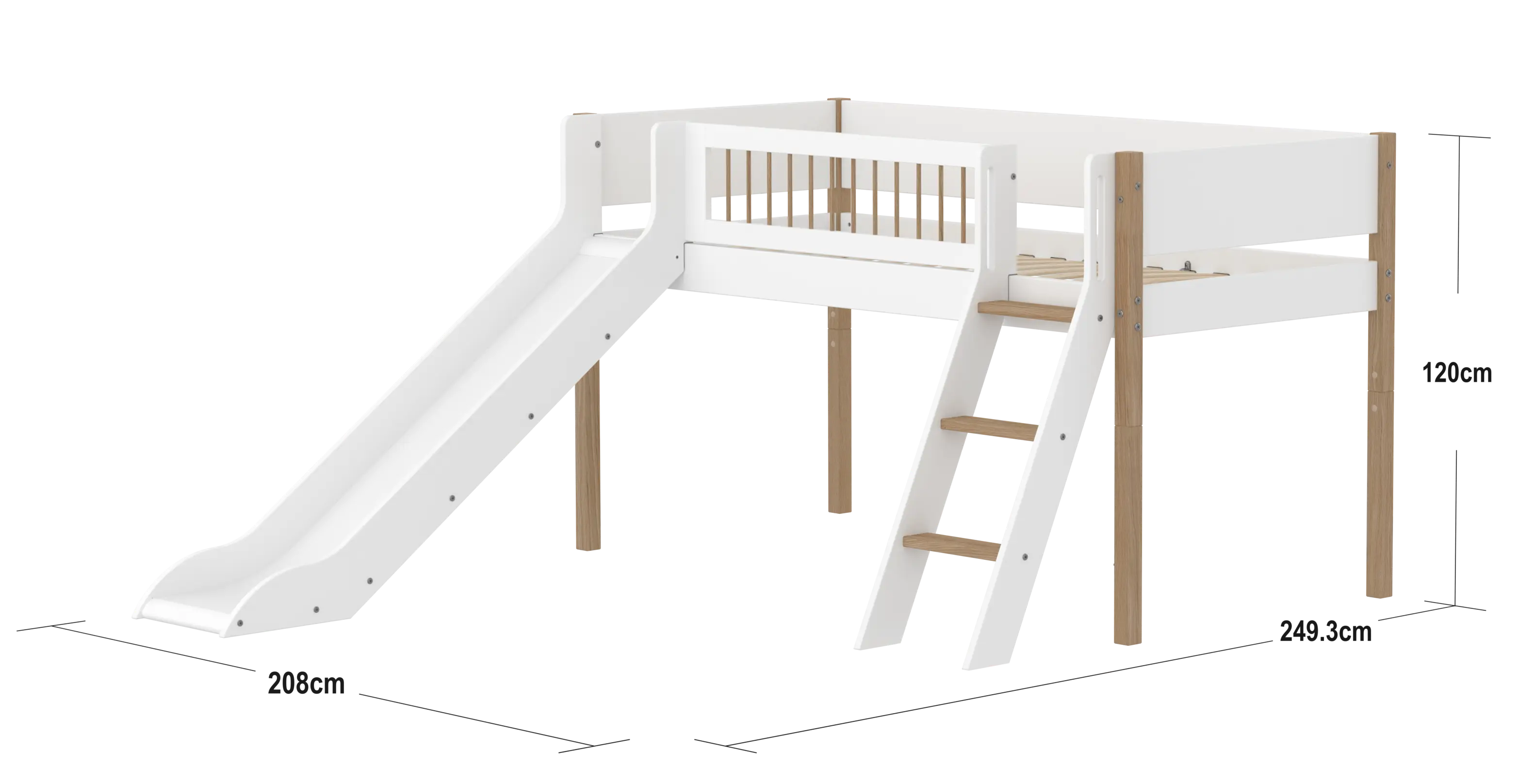 High Bed 120 cm with Slide, Ladder and Safety Rail, 90x200 cm, White/Oak - Image 4