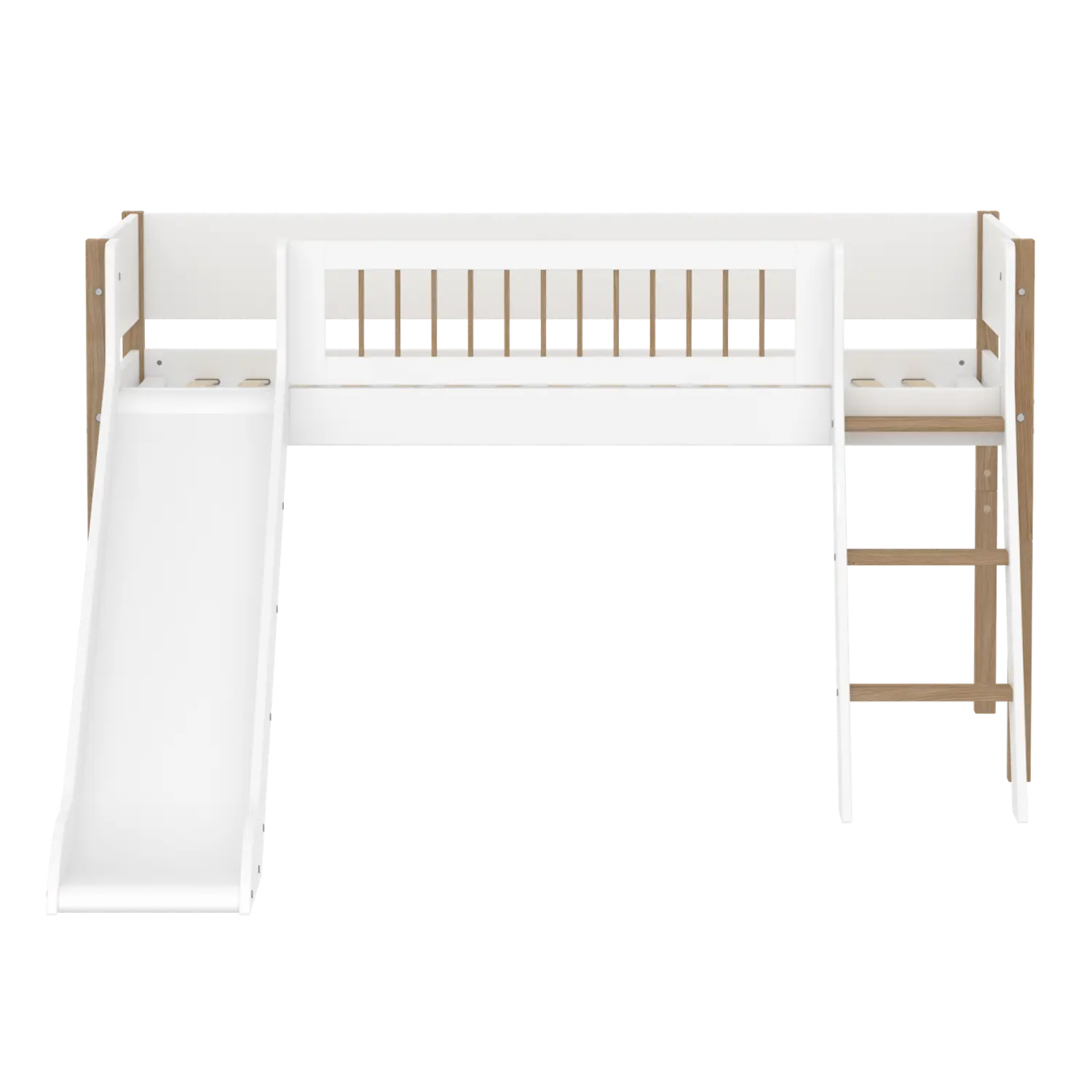High Bed 120 cm with Slide, Ladder and Safety Rail, 90x200 cm, White/Oak - Image 5