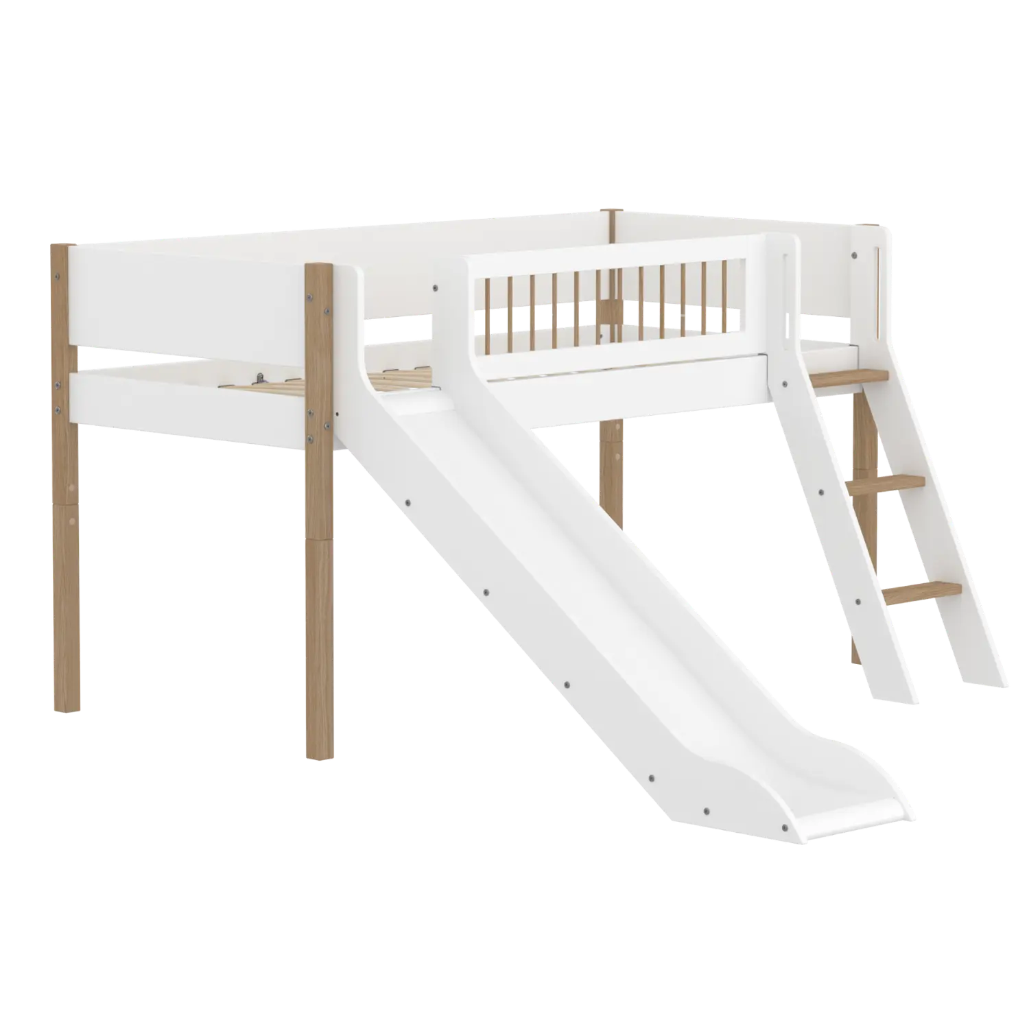 High Bed 120 cm with Slide, Ladder and Safety Rail, 90x200 cm, White/Oak - Image 6
