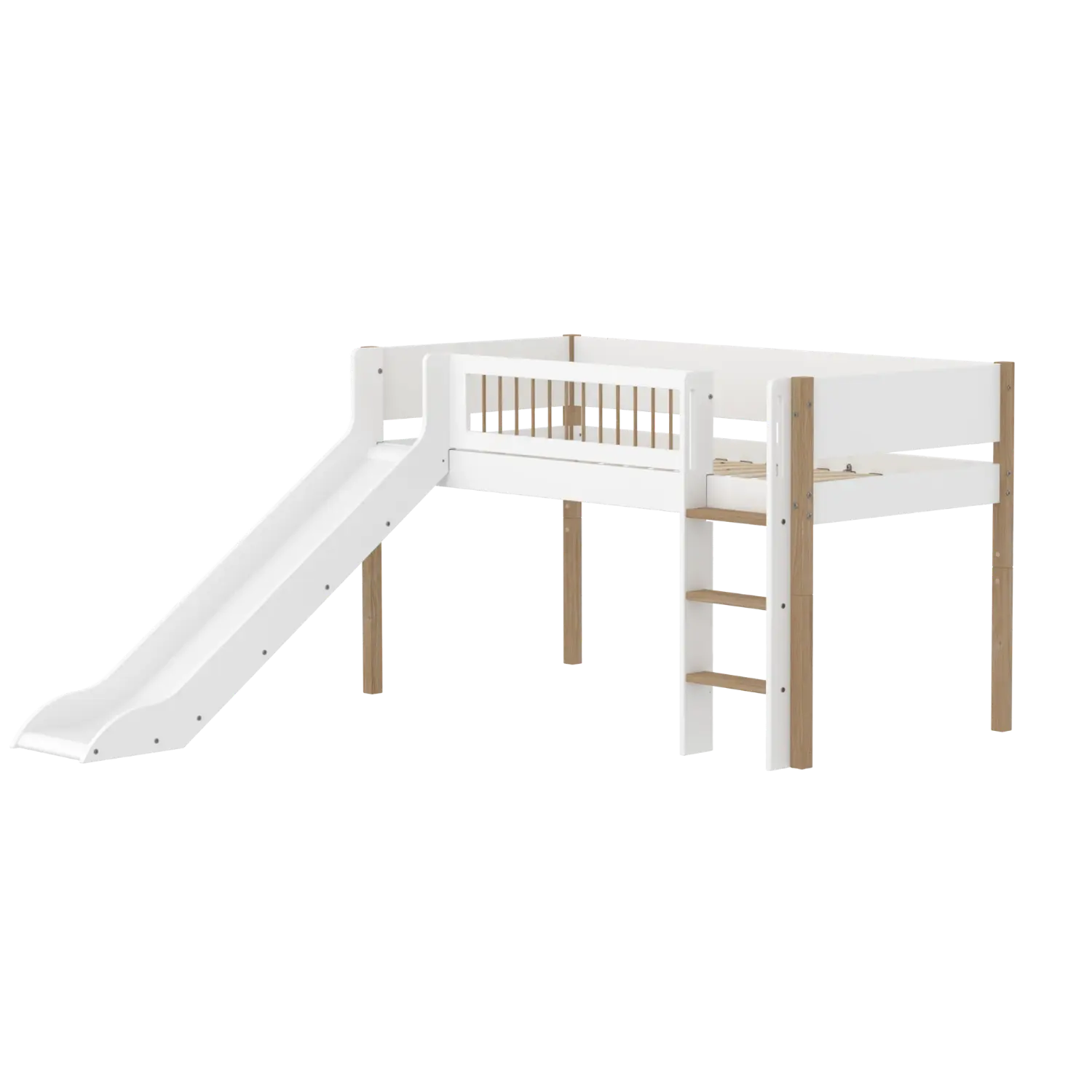 High Bed 120 cm with Slide, Ladder and Safety Rail, 90x200 cm, White/Oak