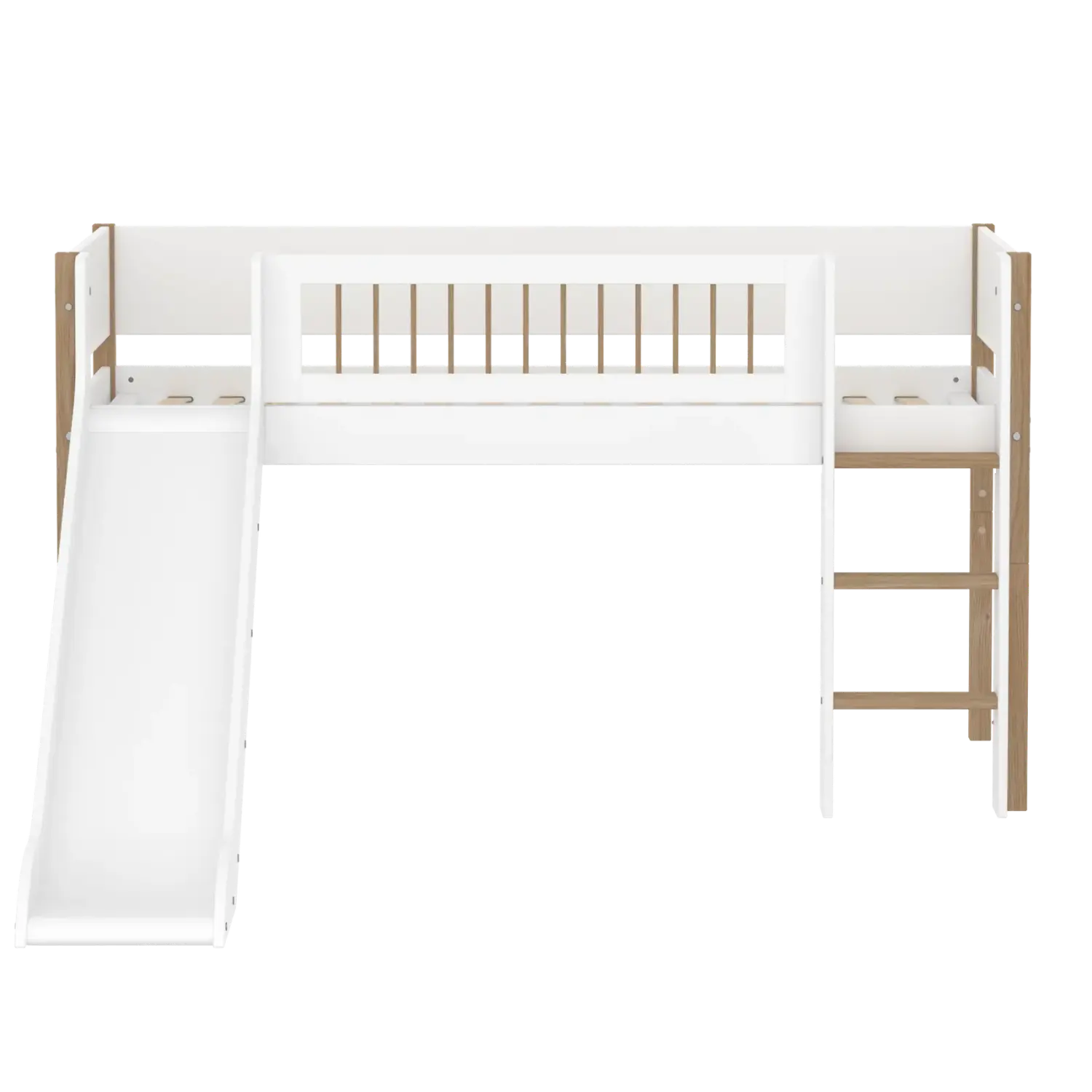 High Bed 120 cm with Slide, Ladder and Safety Rail, 90x200 cm, White/Oak - Image 2