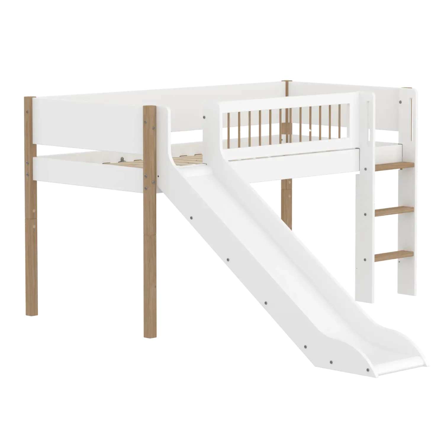 High Bed 120 cm with Slide, Ladder and Safety Rail, 90x200 cm, White/Oak - Image 3