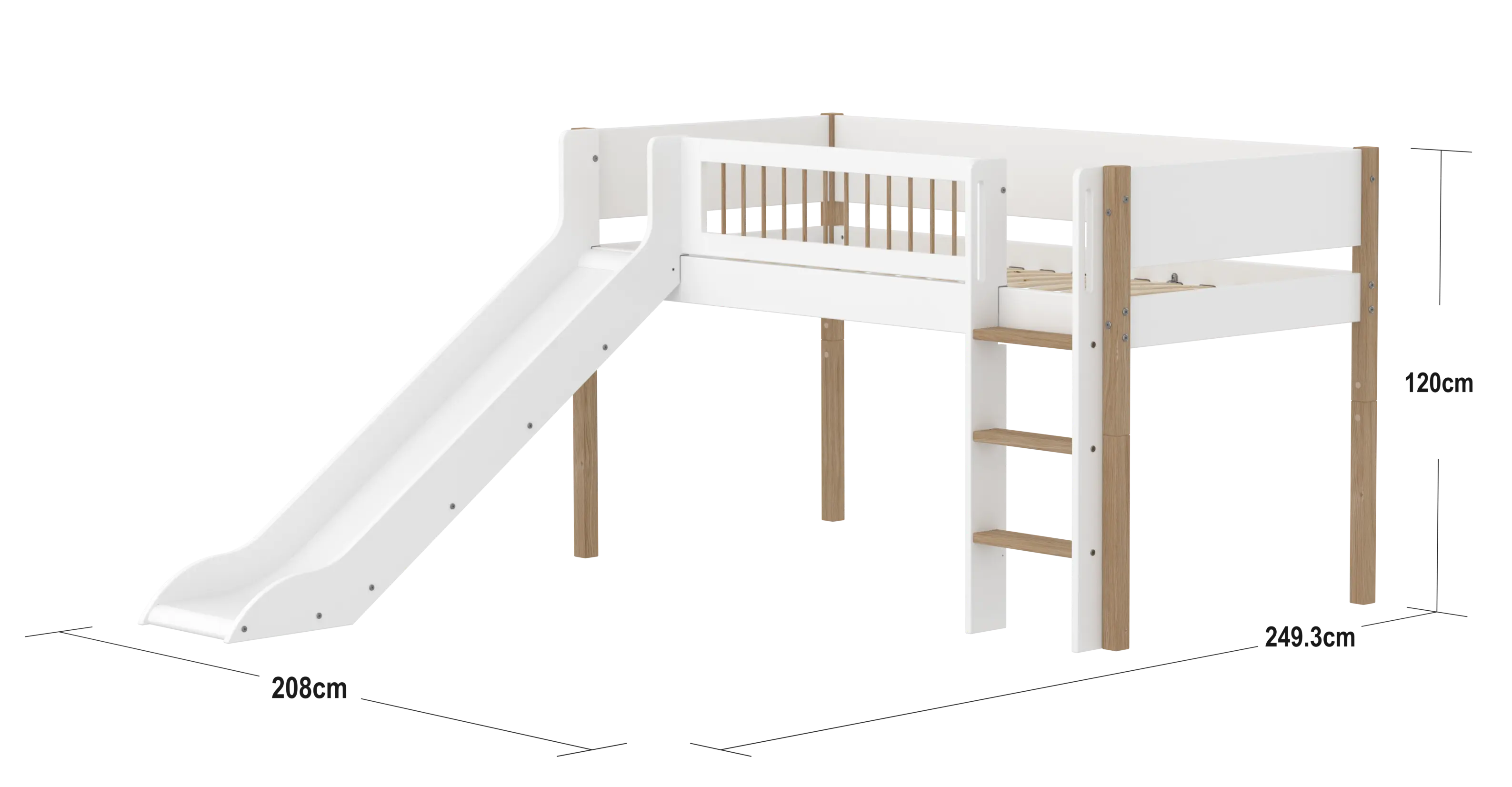 High Bed 120 cm with Slide, Ladder and Safety Rail, 90x200 cm, White/Oak - Image 4