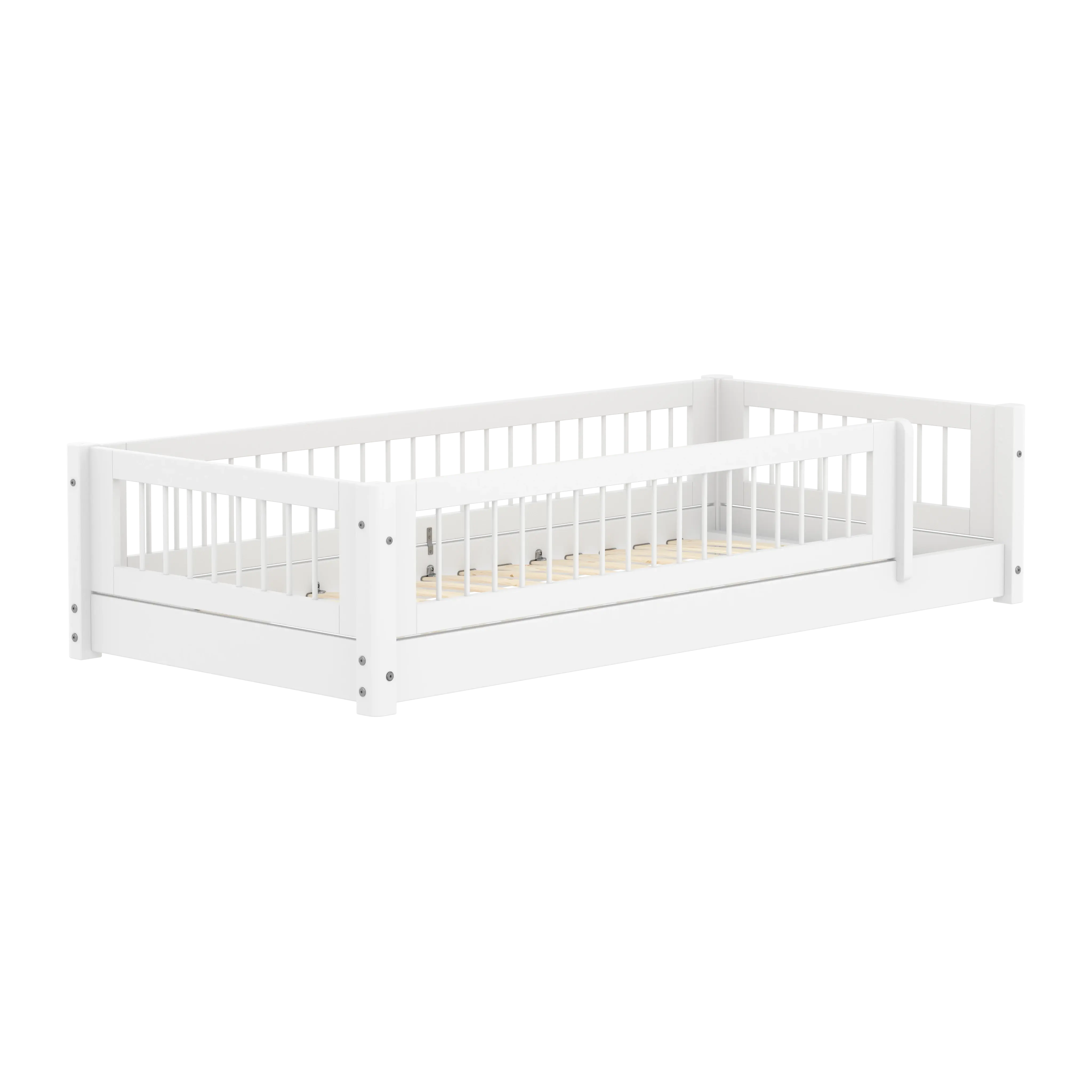 Montessori Bed with Crossbars and Safety Rail, 90x200 cm, White - Image 3
