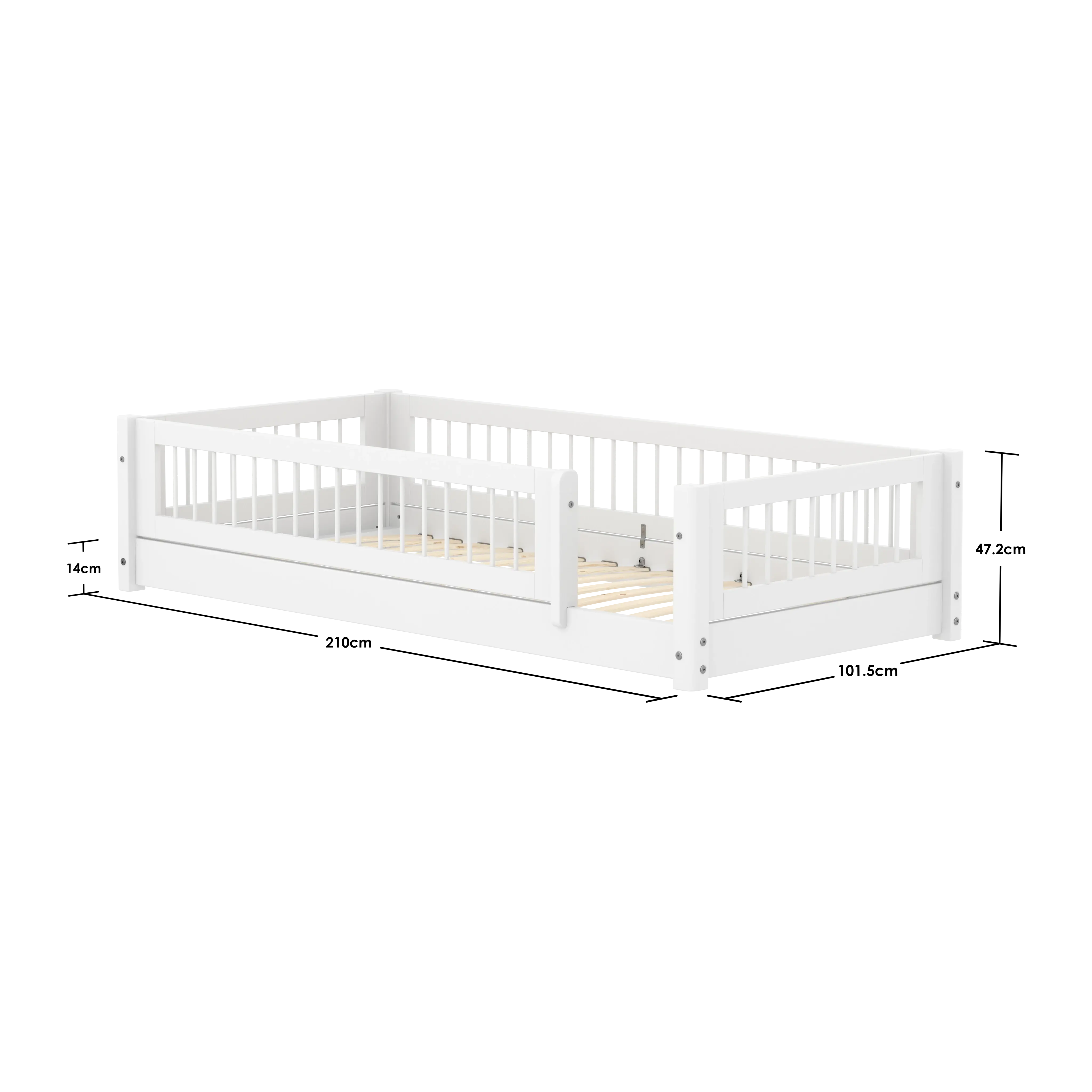 Montessori Bed with Crossbars and Safety Rail, 90x200 cm, White - Image 4