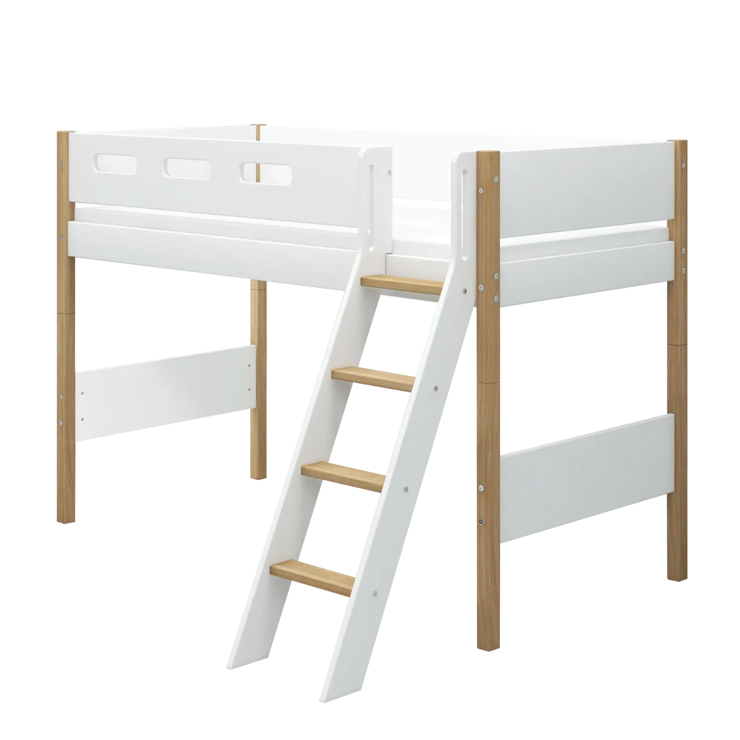 High Bed 143 cm with Ladder and Safety Rail, 90x200 cm, White/Oak