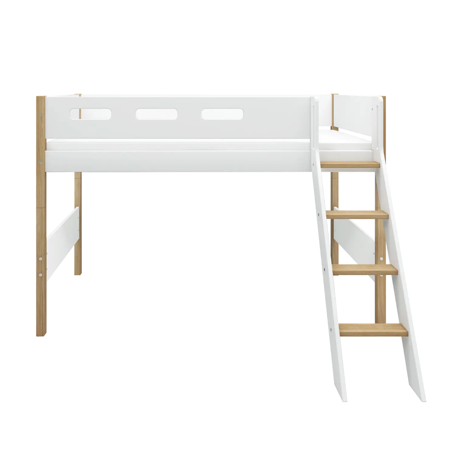 High Bed 143 cm with Ladder and Safety Rail, 90x200 cm, White/Oak - Image 2