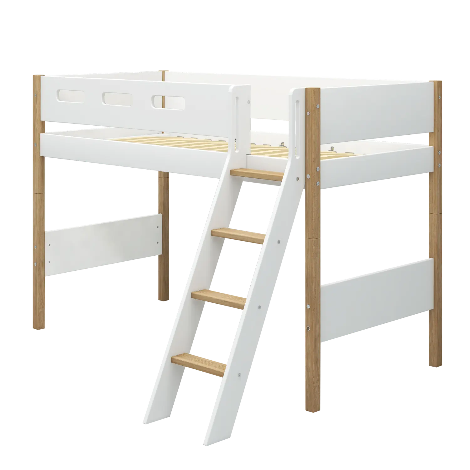 High Bed 143 cm with Ladder and Safety Rail, 90x200 cm, White/Oak - Image 3