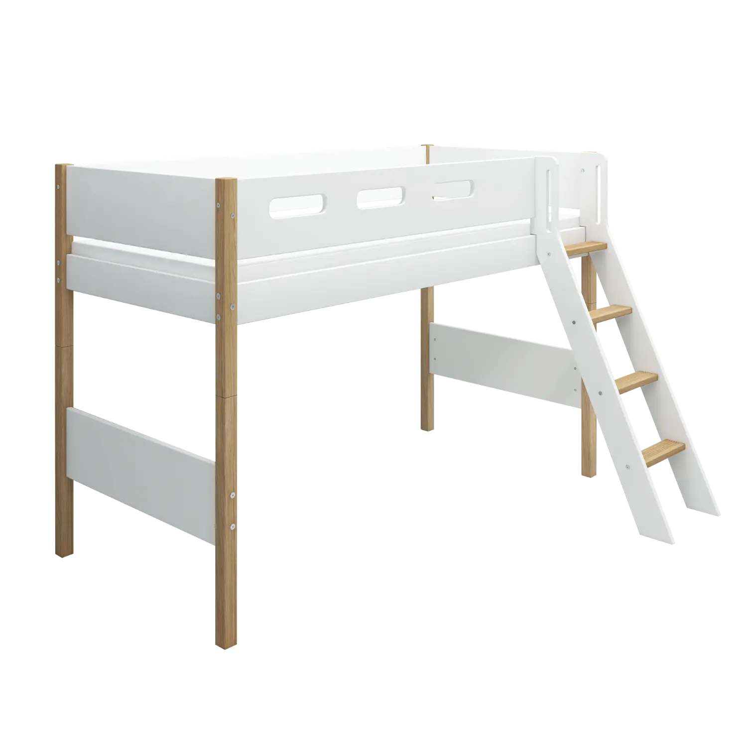 High Bed 143 cm with Ladder and Safety Rail, 90x200 cm, White/Oak - Image 4