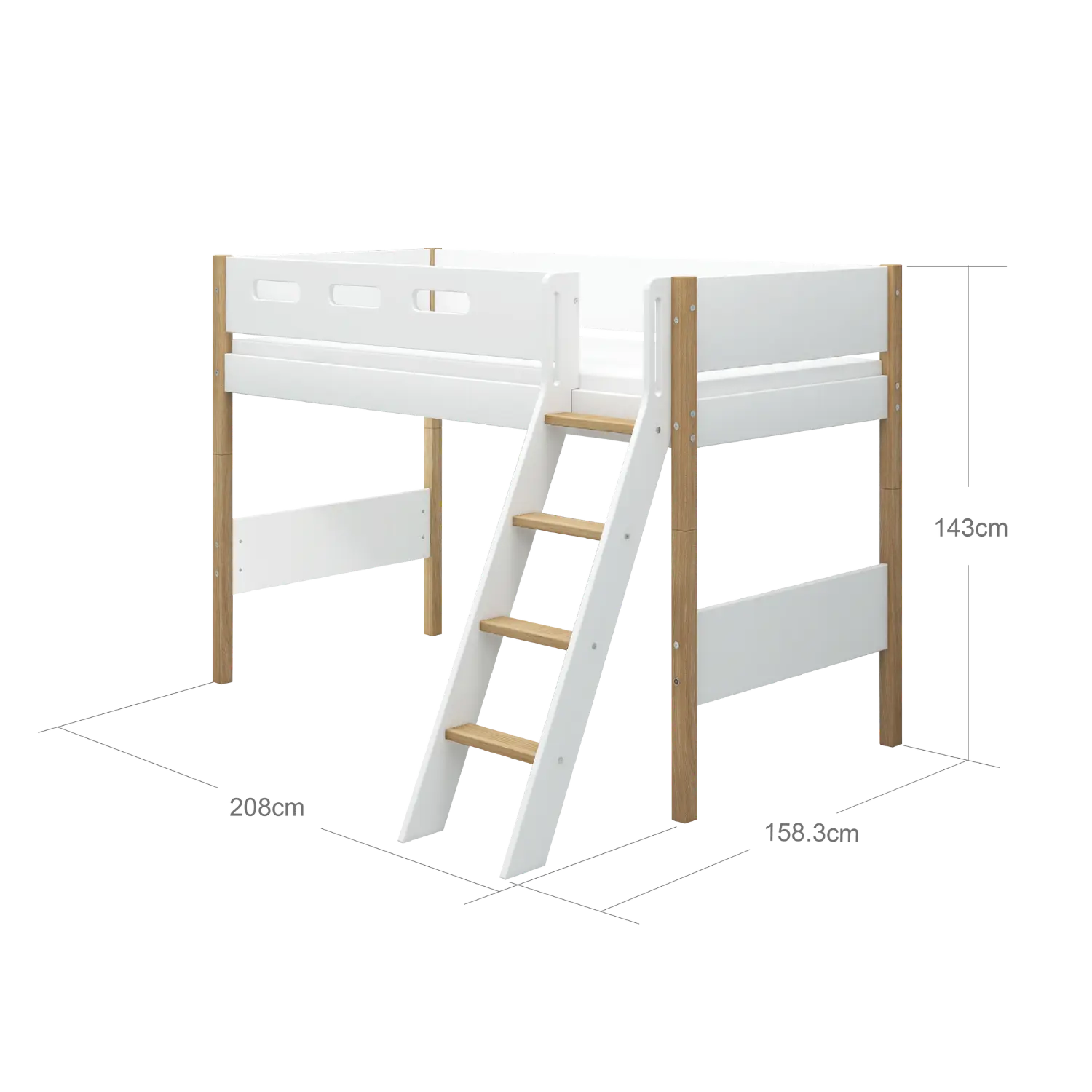 High Bed 143 cm with Ladder and Safety Rail, 90x200 cm, White/Oak - Image 5