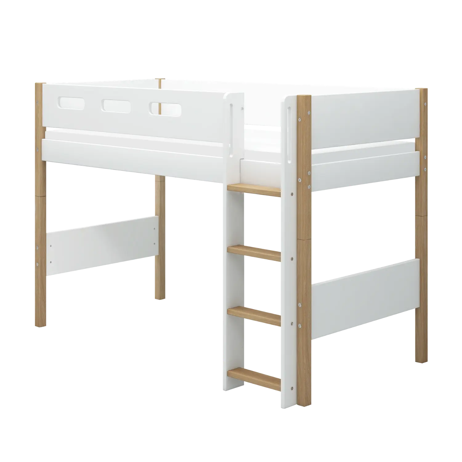 High Bed 143 cm with Ladder and Safety Rail, 90x200 cm, White/Oak