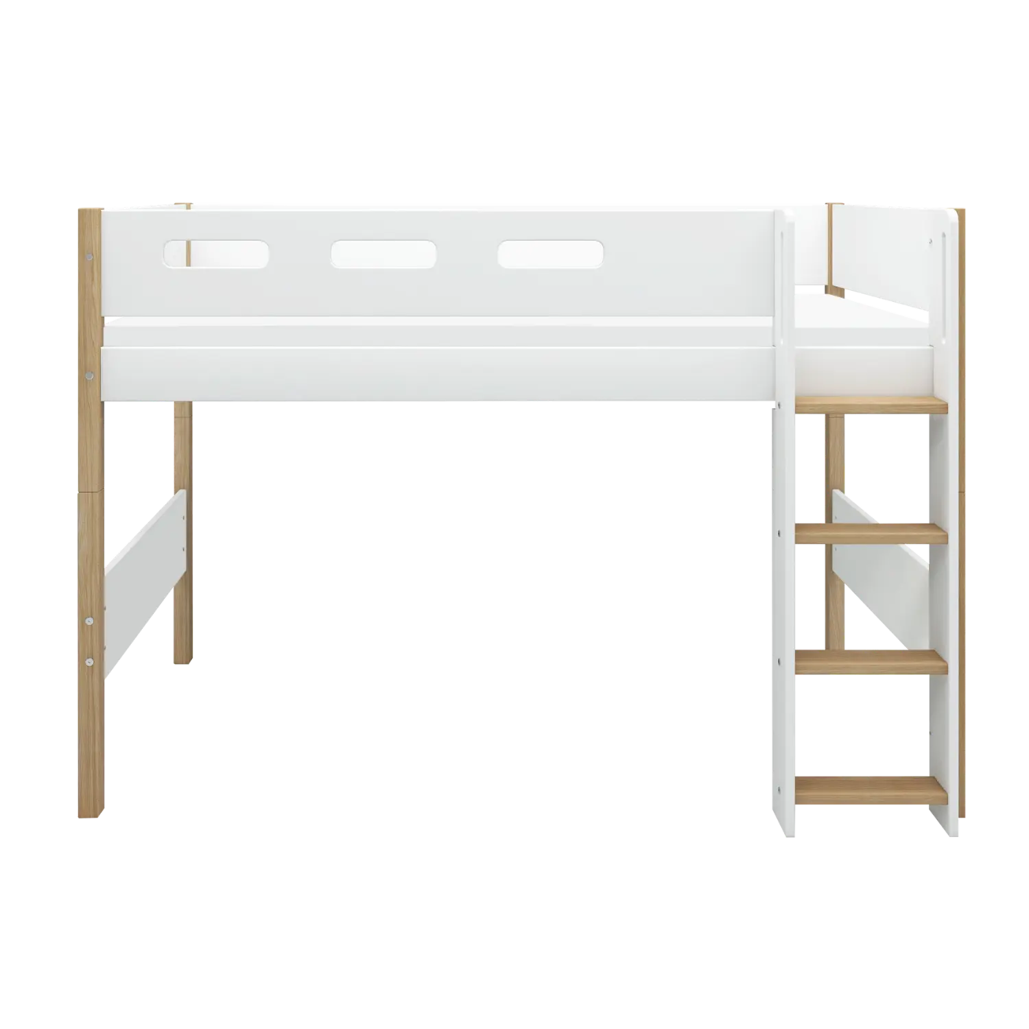 High Bed 143 cm with Ladder and Safety Rail, 90x200 cm, White/Oak - Image 2