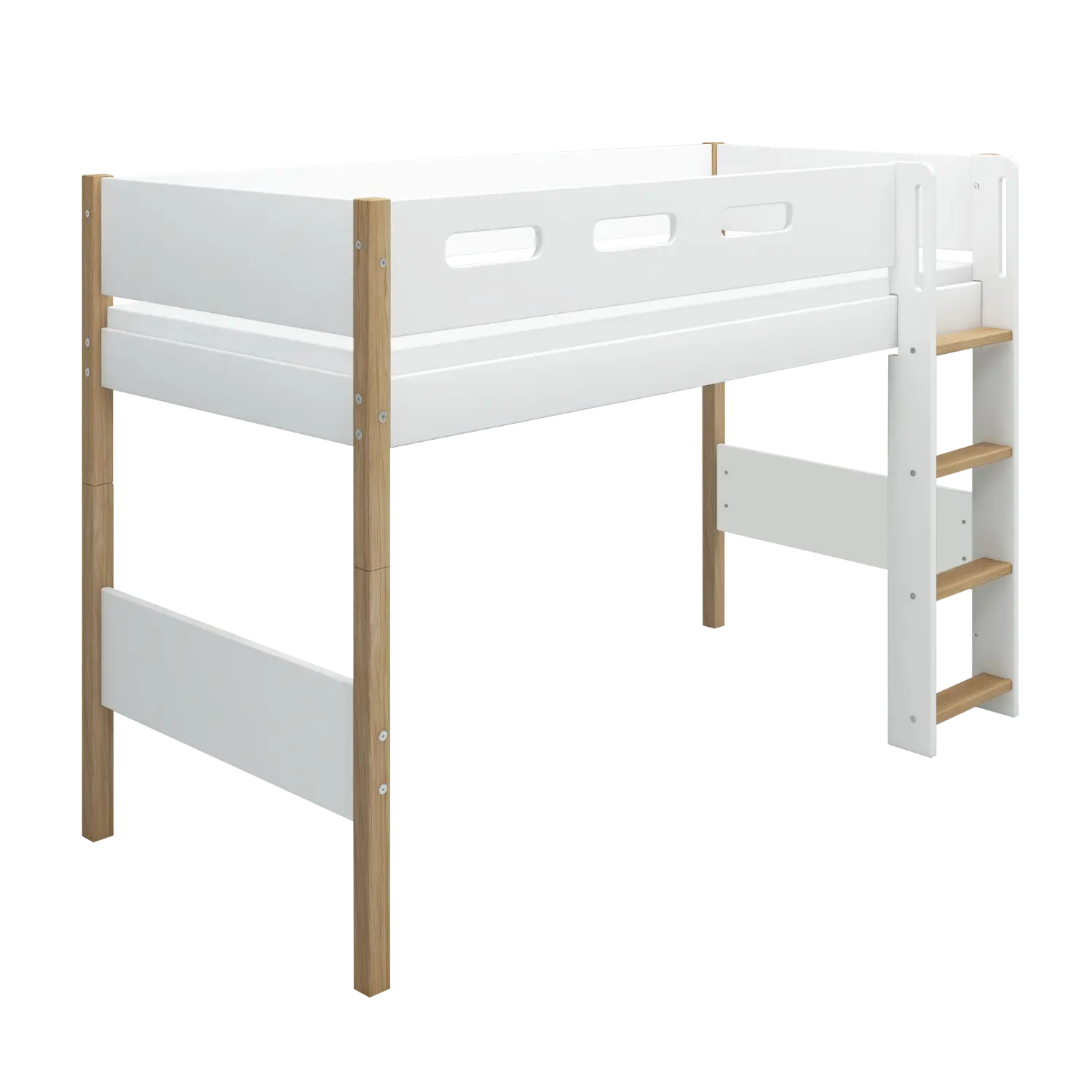 High Bed 143 cm with Ladder and Safety Rail, 90x200 cm, White/Oak - Image 3