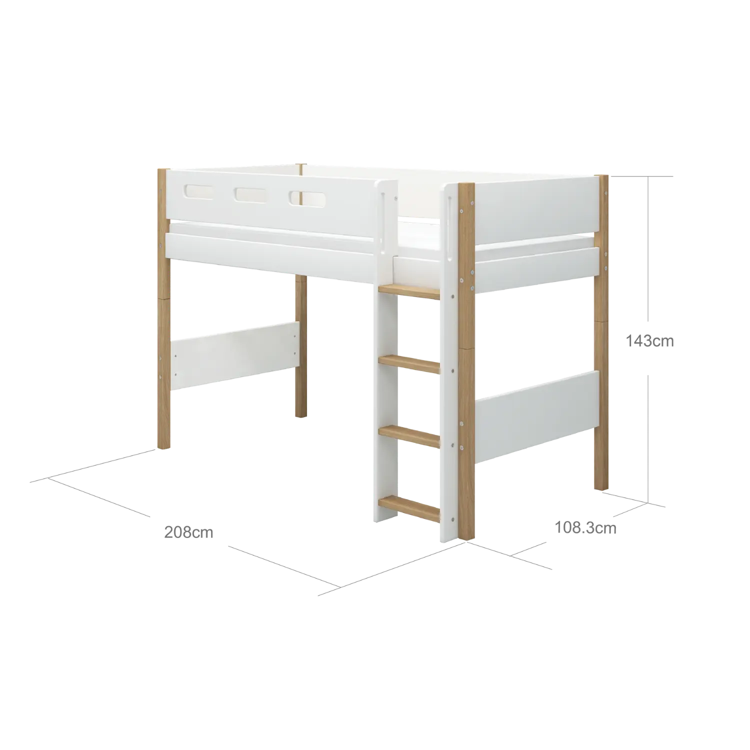High Bed 143 cm with Ladder and Safety Rail, 90x200 cm, White/Oak - Image 4