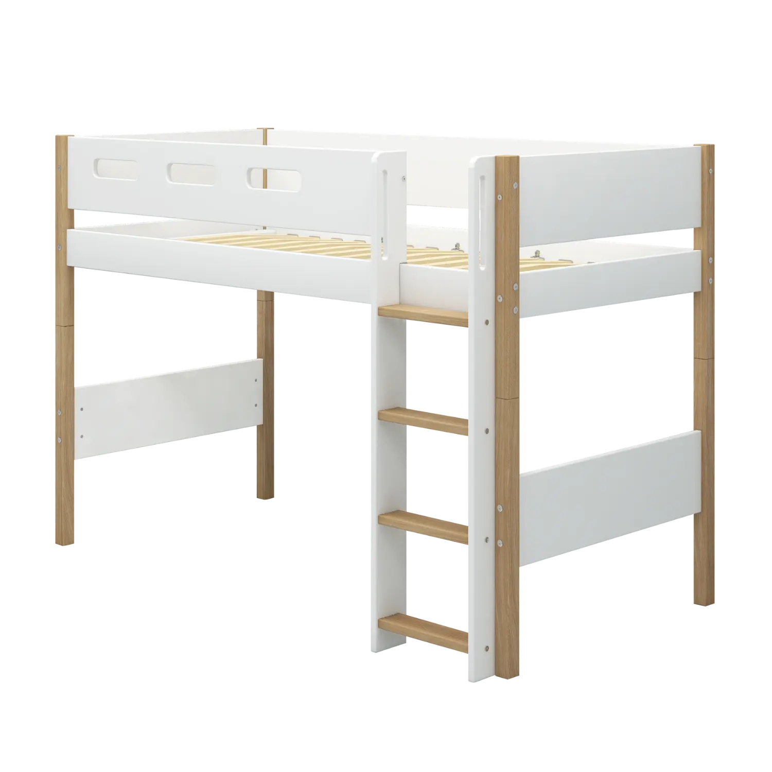 High Bed 143 cm with Ladder and Safety Rail, 90x200 cm, White/Oak - Image 5