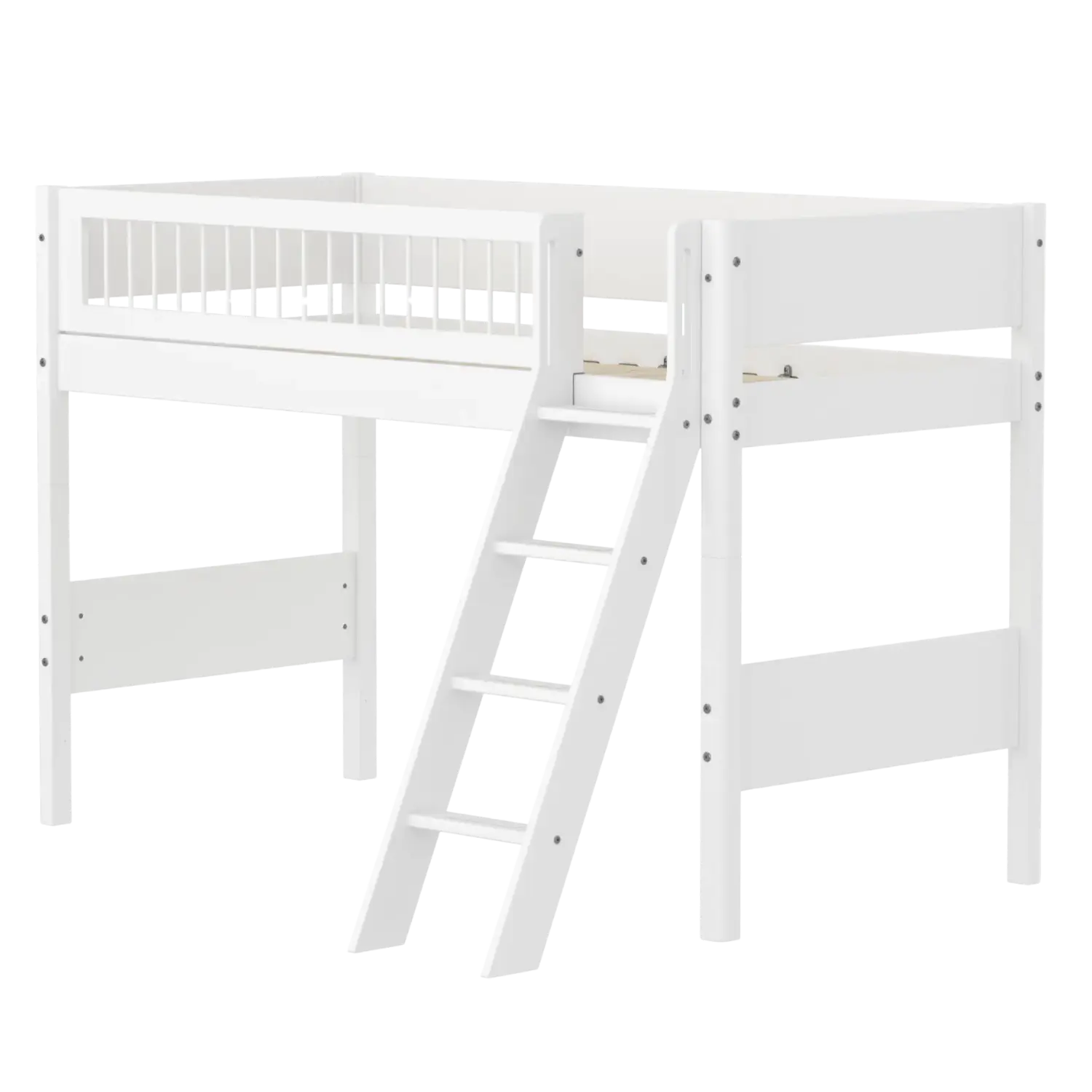 High Bed 143 cm with Ladder and Safety Rail, 90x200 cm, White