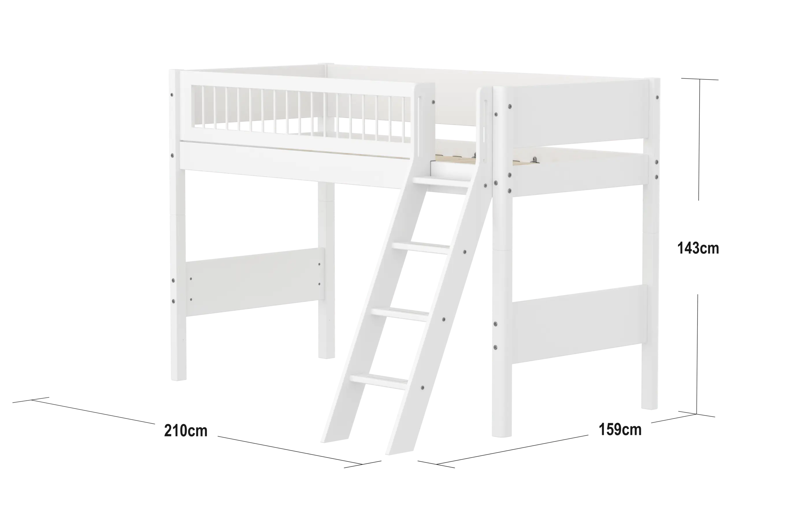 High Bed 143 cm with Ladder and Safety Rail, 90x200 cm, White - Image 4