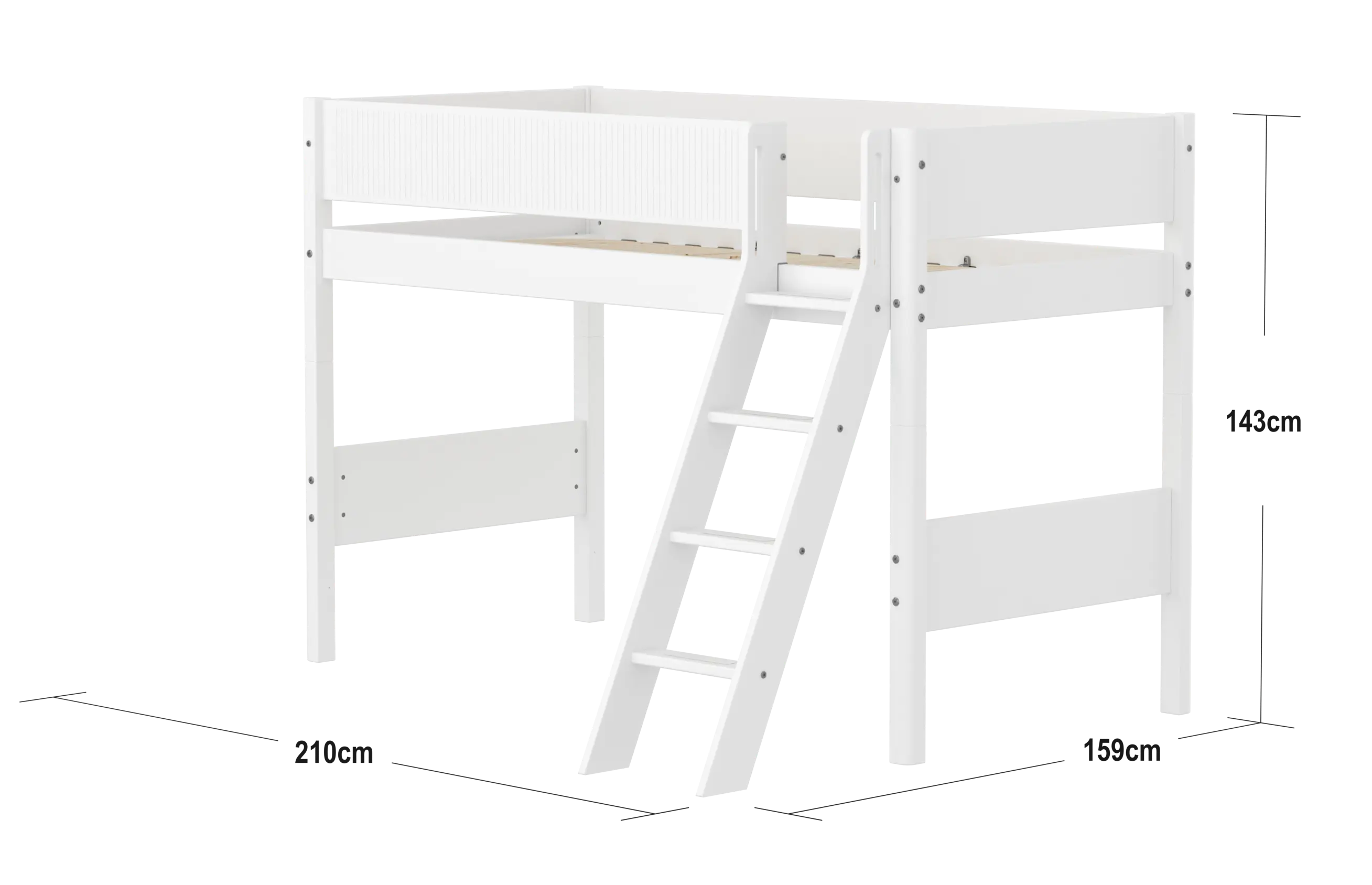 High Bed 143 cm with Ladder and Safety Rail, 90x200 cm, White - Image 3