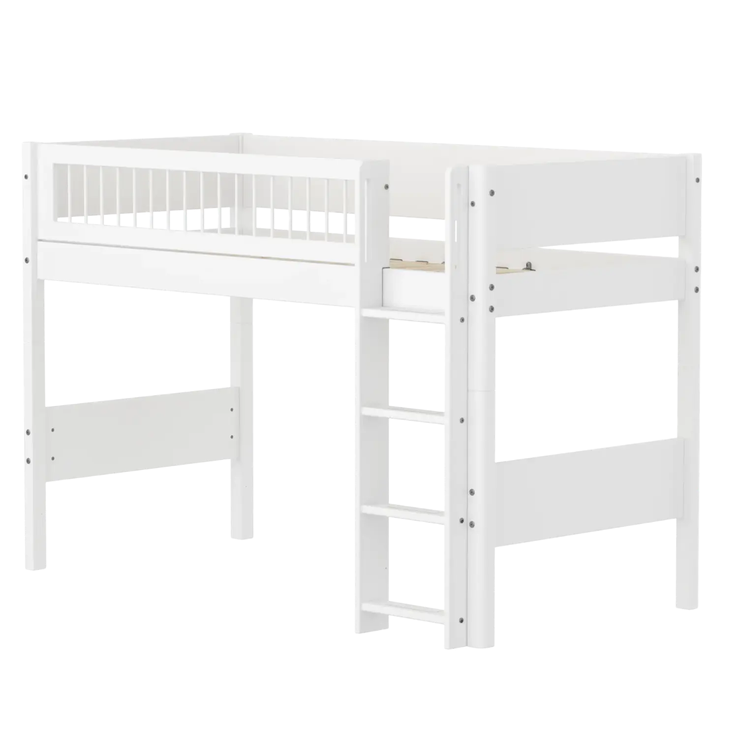 High Bed 143 cm with Ladder and Safety Rail, 90x200 cm, White