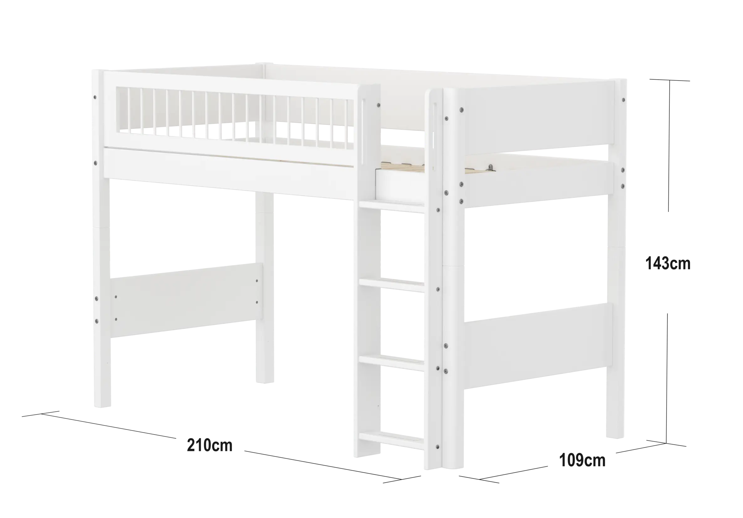High Bed 143 cm with Ladder and Safety Rail, 90x200 cm, White - Image 4