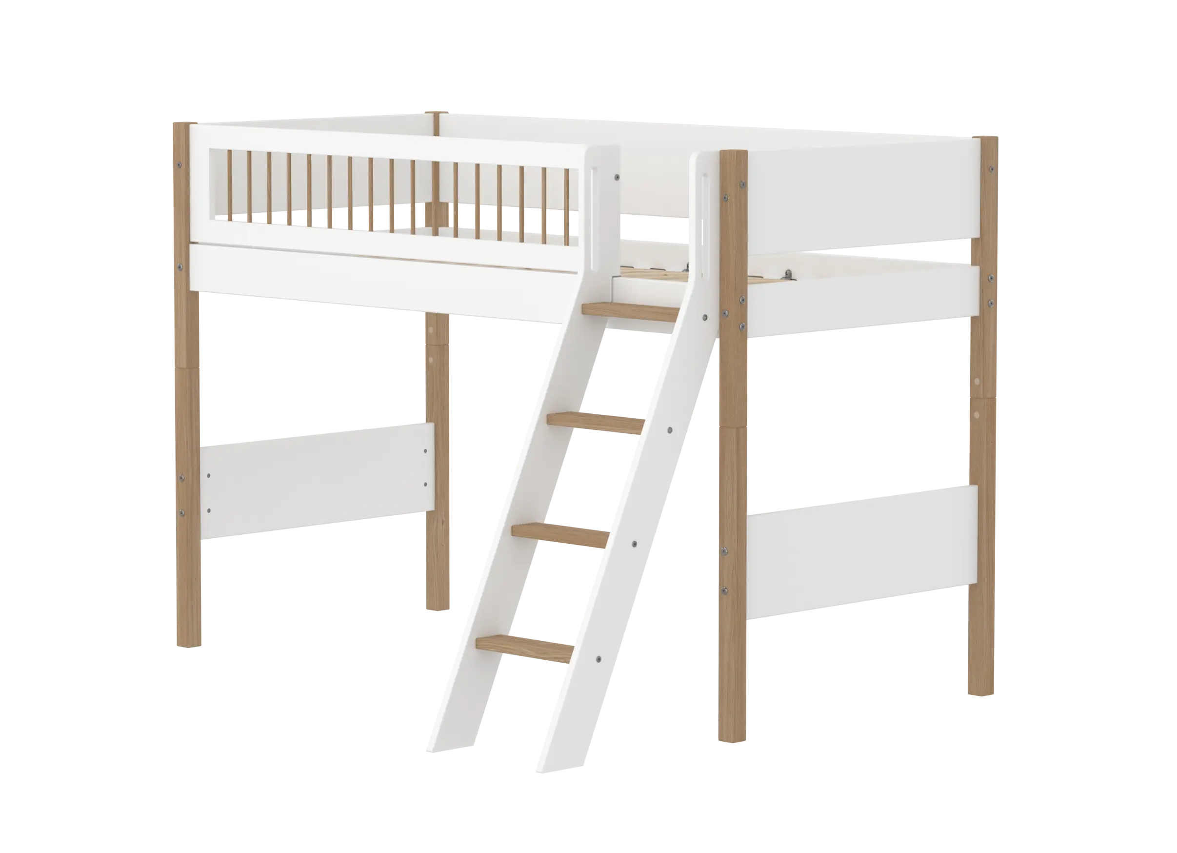 High Bed 143 cm with Ladder and Safety Rail, 90x200 cm, White/Oak