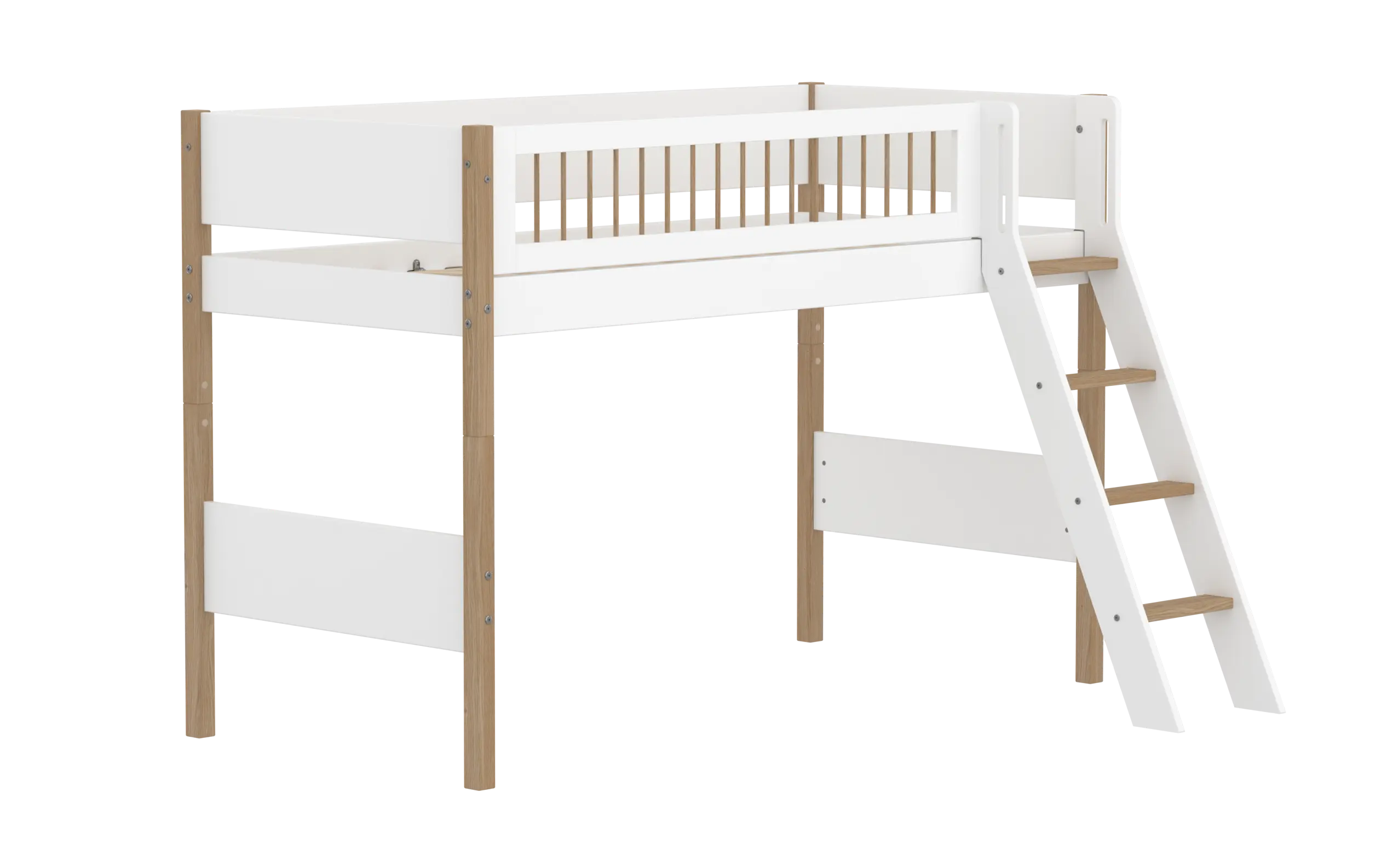 High Bed 143 cm with Ladder and Safety Rail, 90x200 cm, White/Oak - Image 3