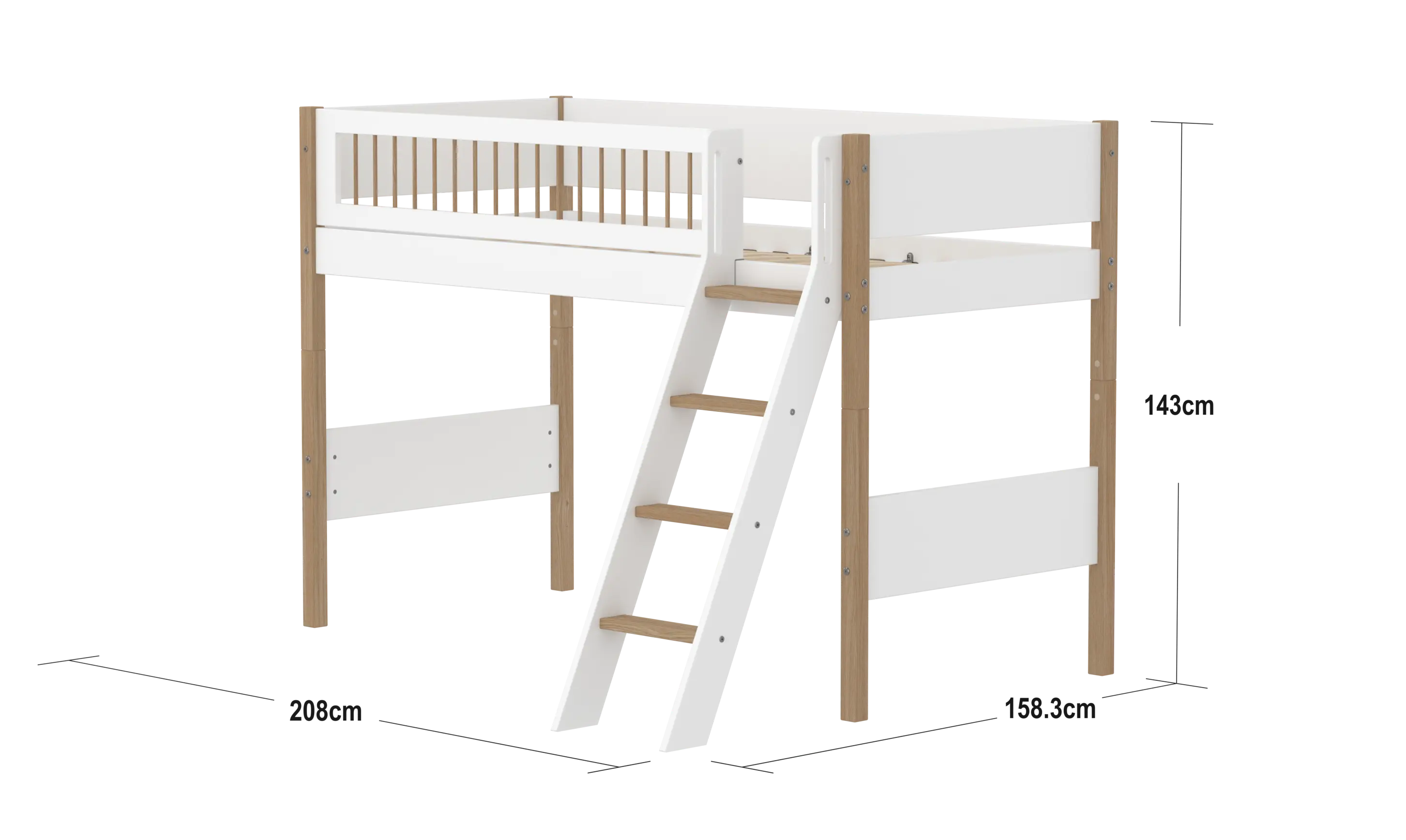 High Bed 143 cm with Ladder and Safety Rail, 90x200 cm, White/Oak - Image 4