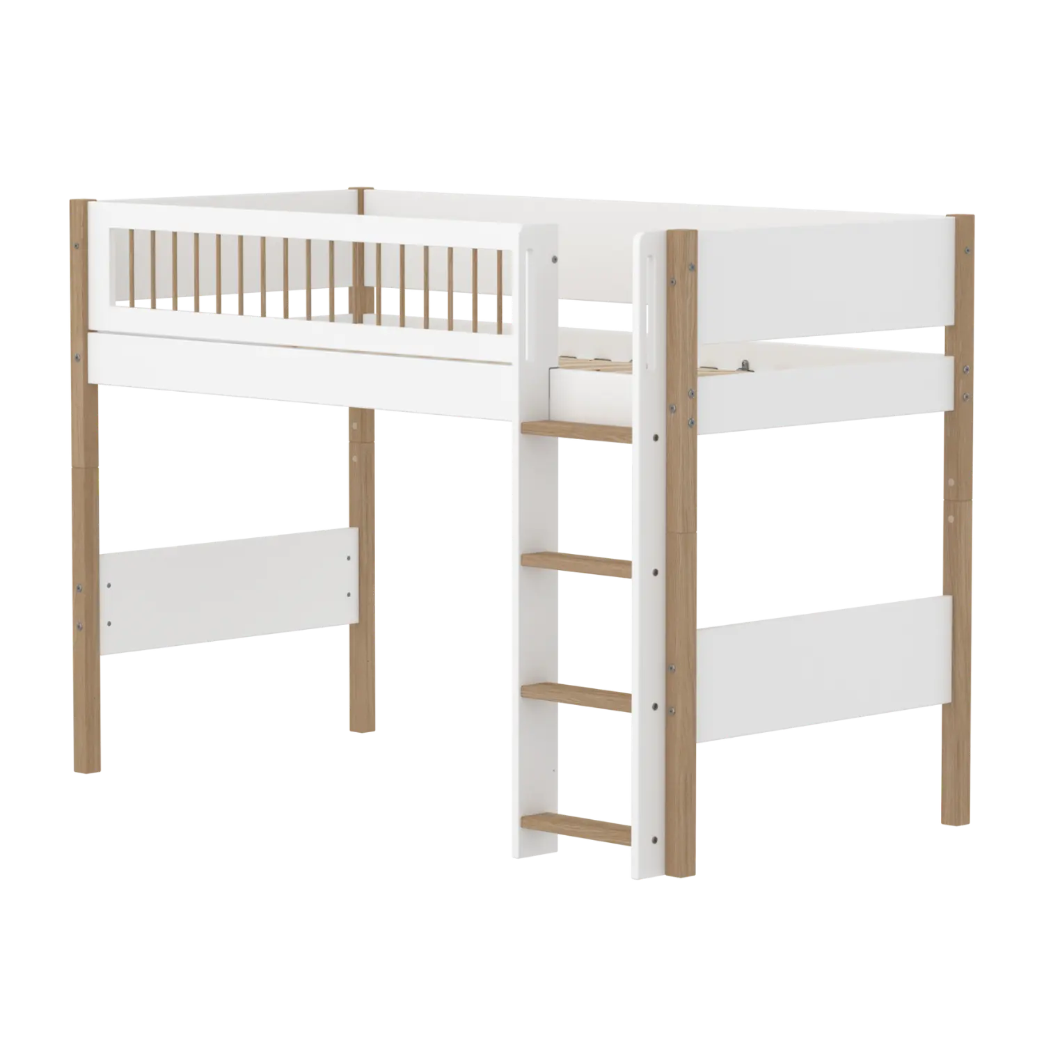 High Bed 143 cm with Ladder and Safety Rail, 90x200 cm, White/Oak