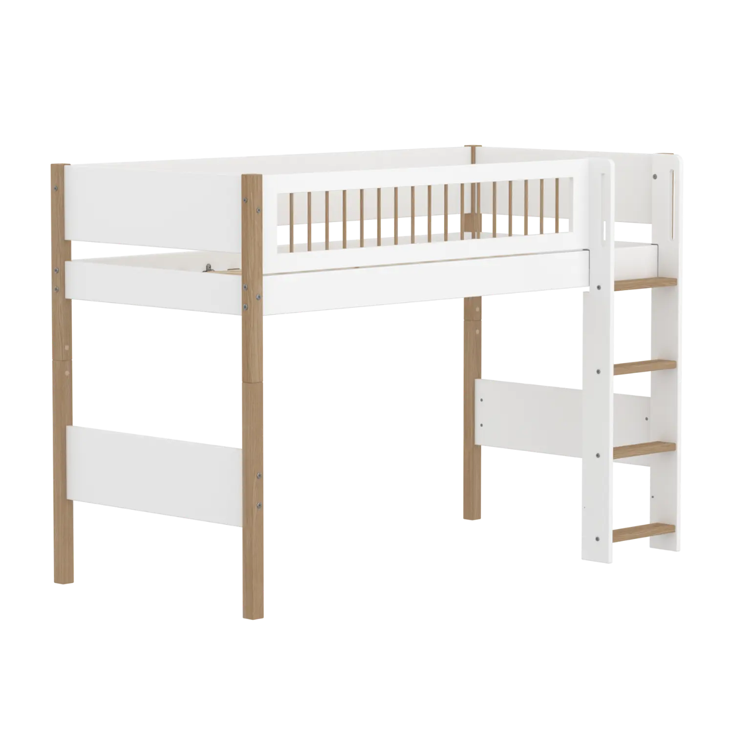 High Bed 143 cm with Ladder and Safety Rail, 90x200 cm, White/Oak - Image 3