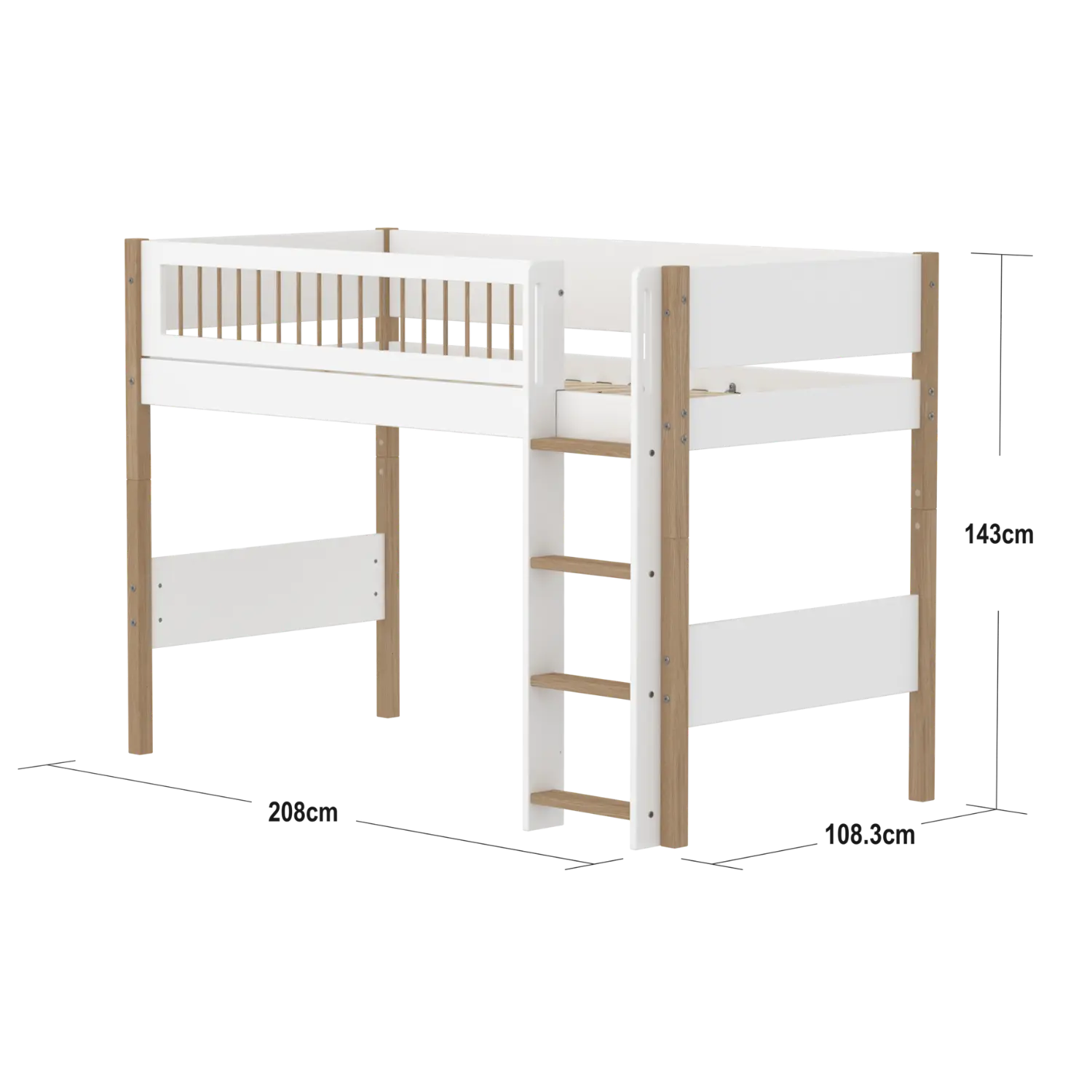 High Bed 143 cm with Ladder and Safety Rail, 90x200 cm, White/Oak - Image 4